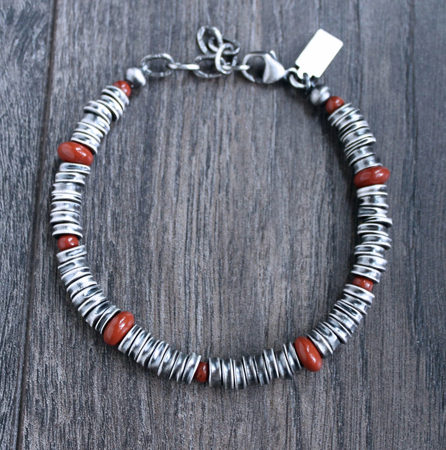 Crushed Silver Bead Bracelet, Red Jasper