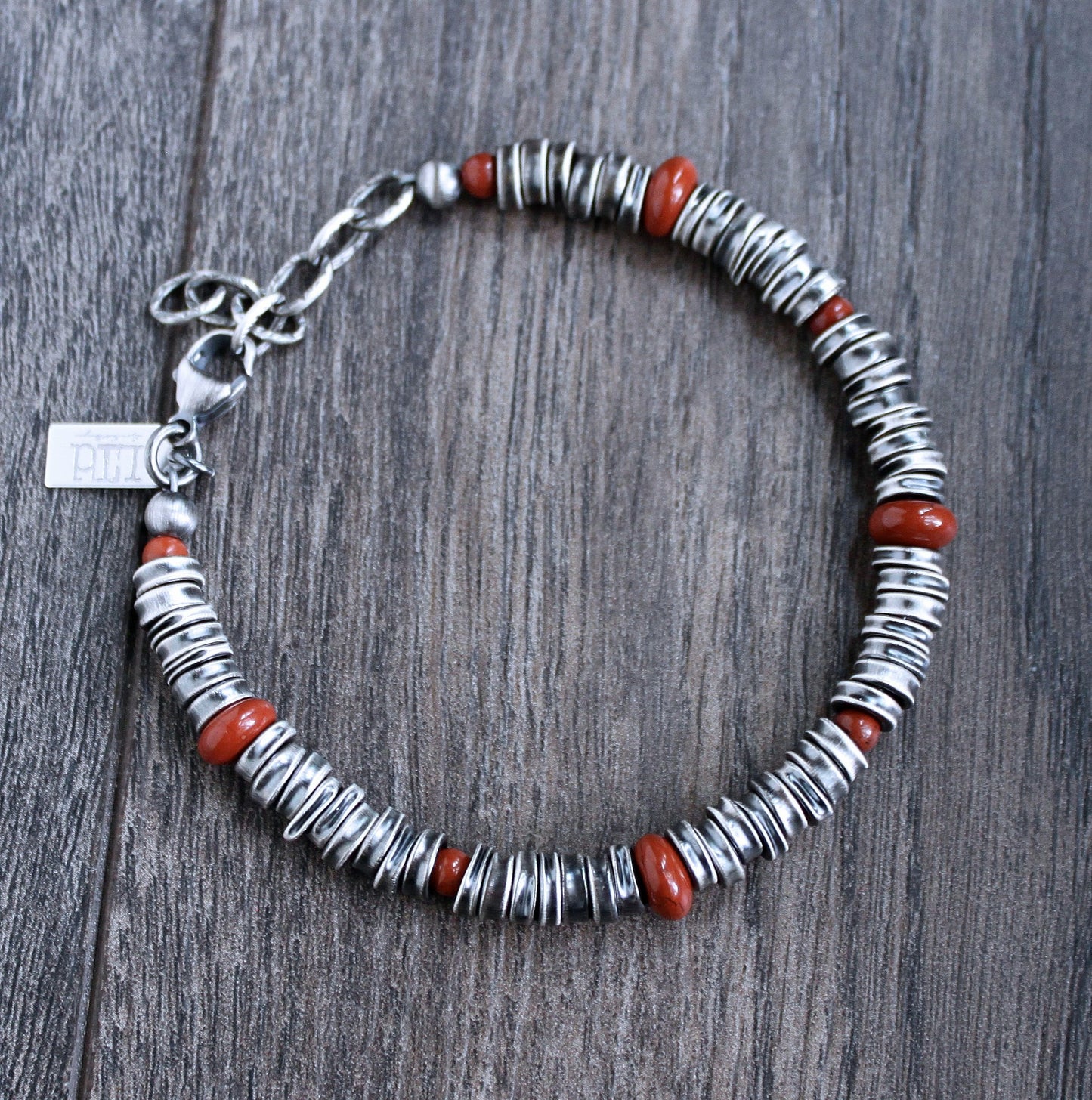 Crushed Silver Bead Bracelet, Red Jasper