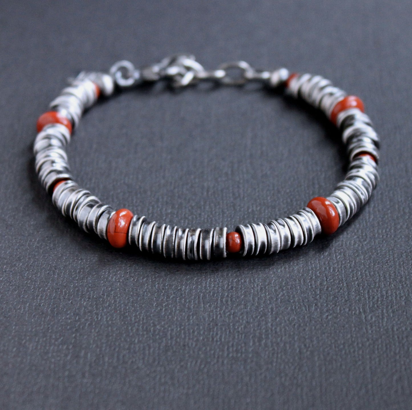 Crushed Silver Bead Bracelet, Red Jasper