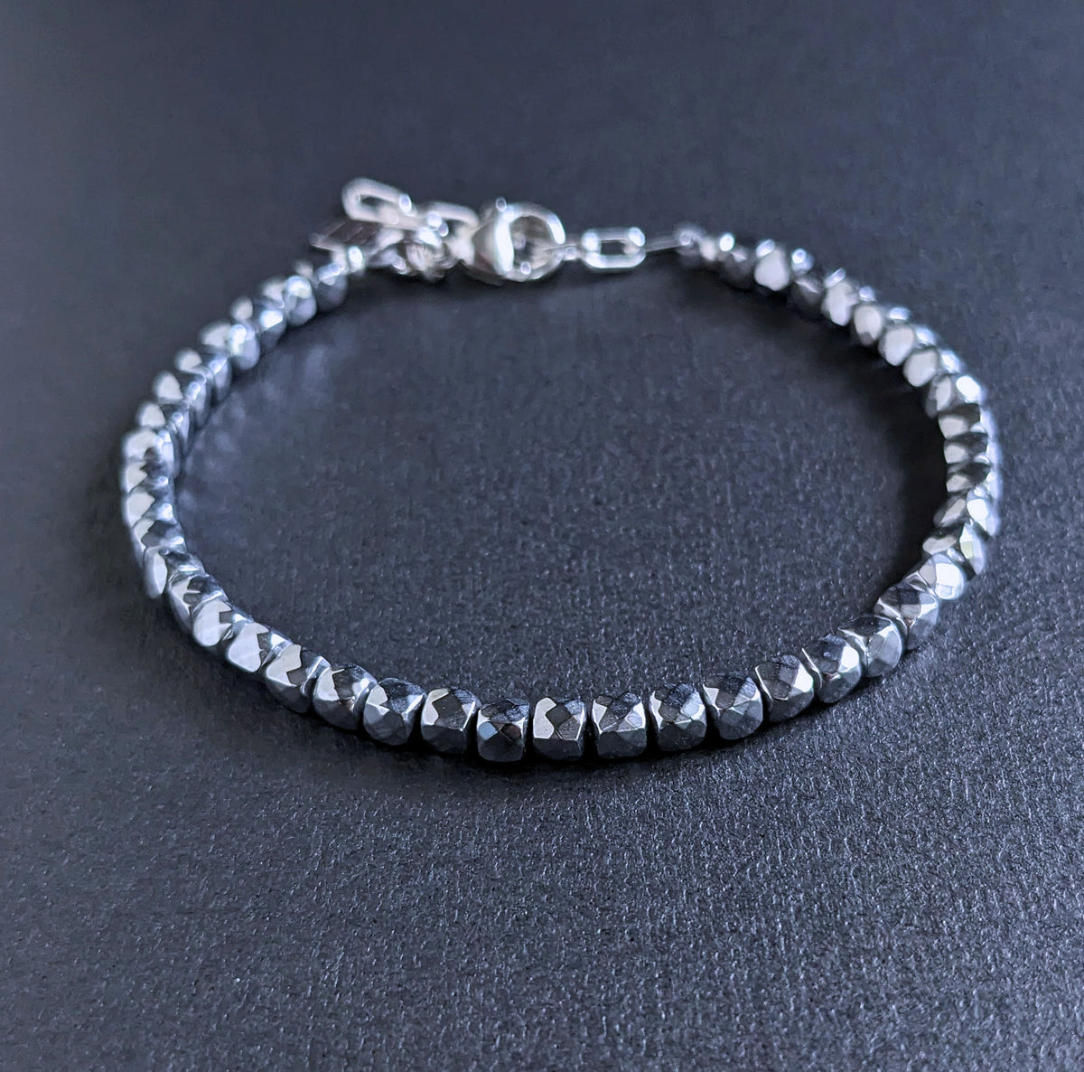 men's silver hematite faceted cube bead bracelet