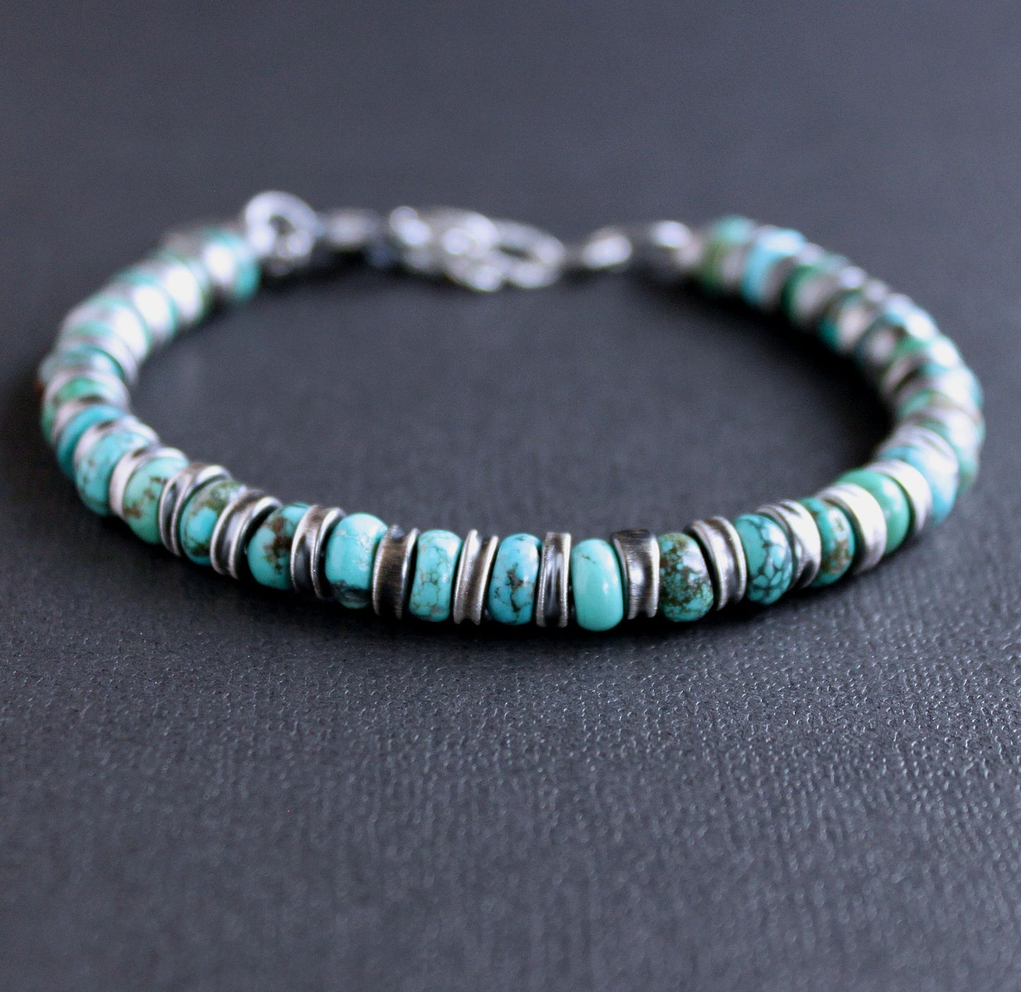 men's genuine turquoise silver bead bracelet