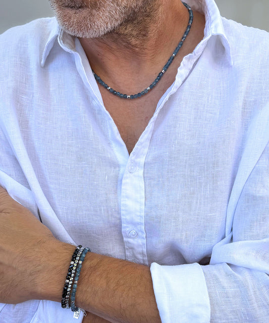 men's aquamarine blue bead necklace