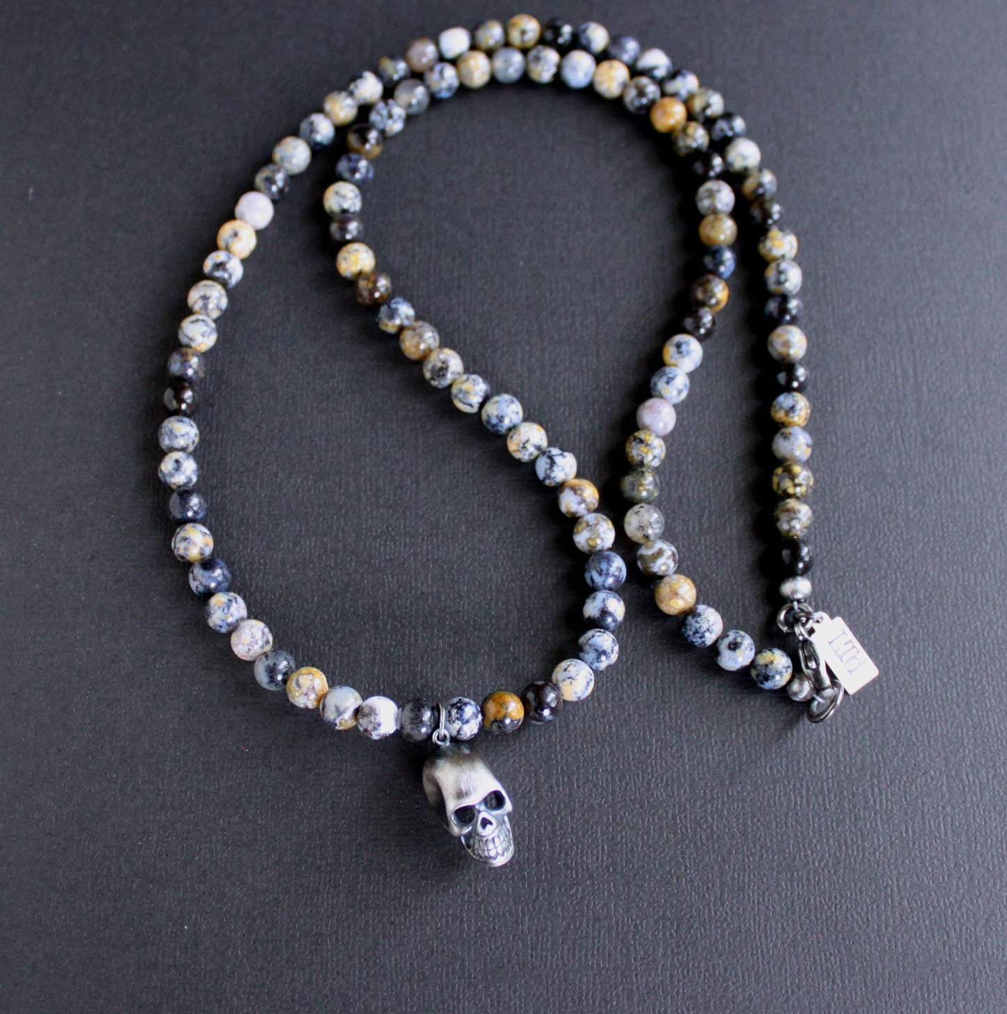 men's bead necklace with skull charm