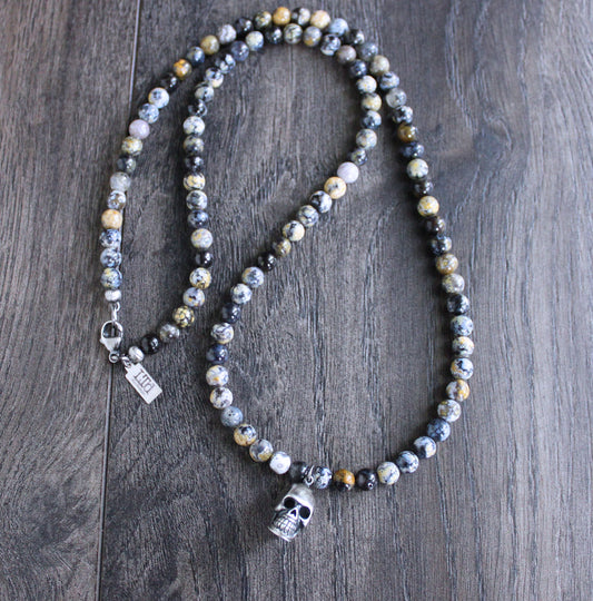 men's dendritic opal bead necklace with skull