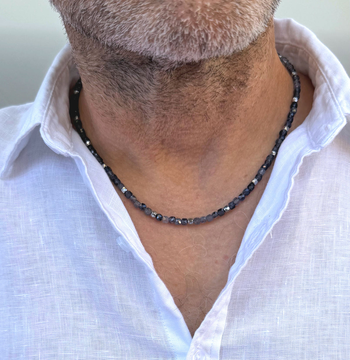 men's 4mm blue silver cube bead necklace