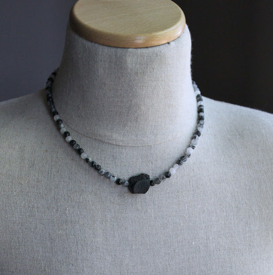 men's quartz bead tektite necklace, 20 inch