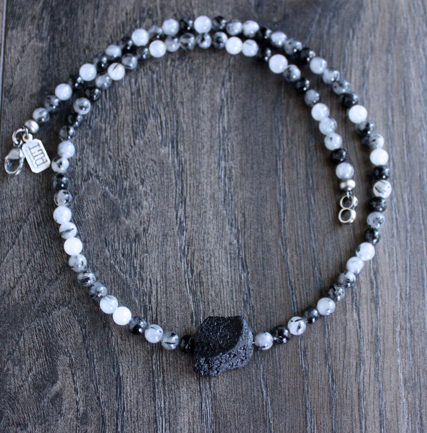 men's black and white quartz bead necklace