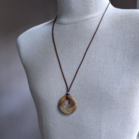 Red Creek Jasper Stone Pendant on Leather Cord, Adjustable Length