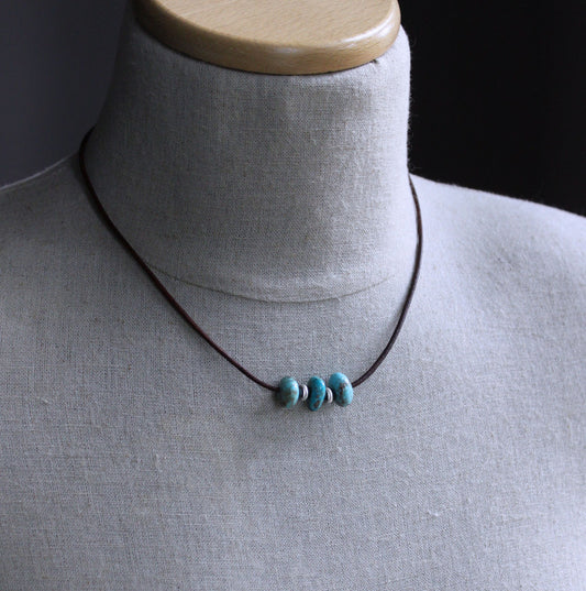 large turquoise bead leather cord necklace