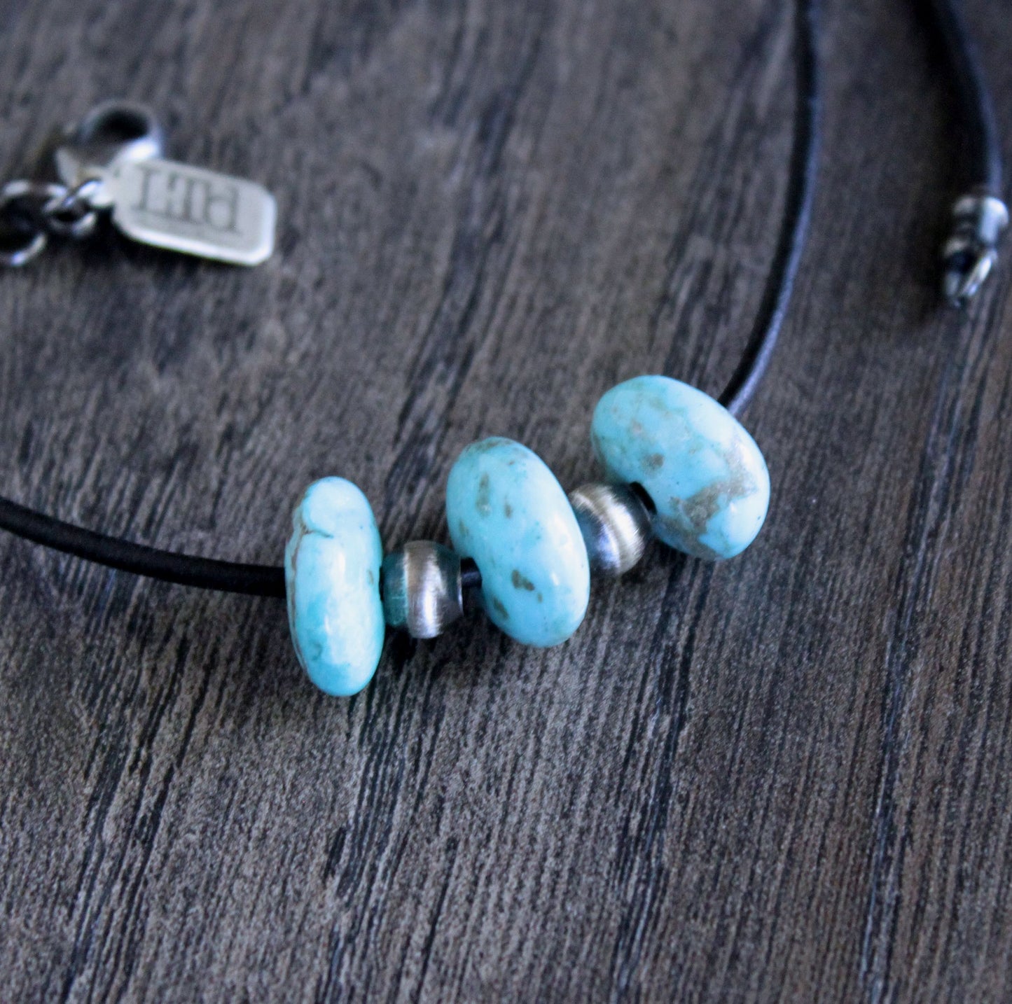 turquoise silver bead leather cord necklace