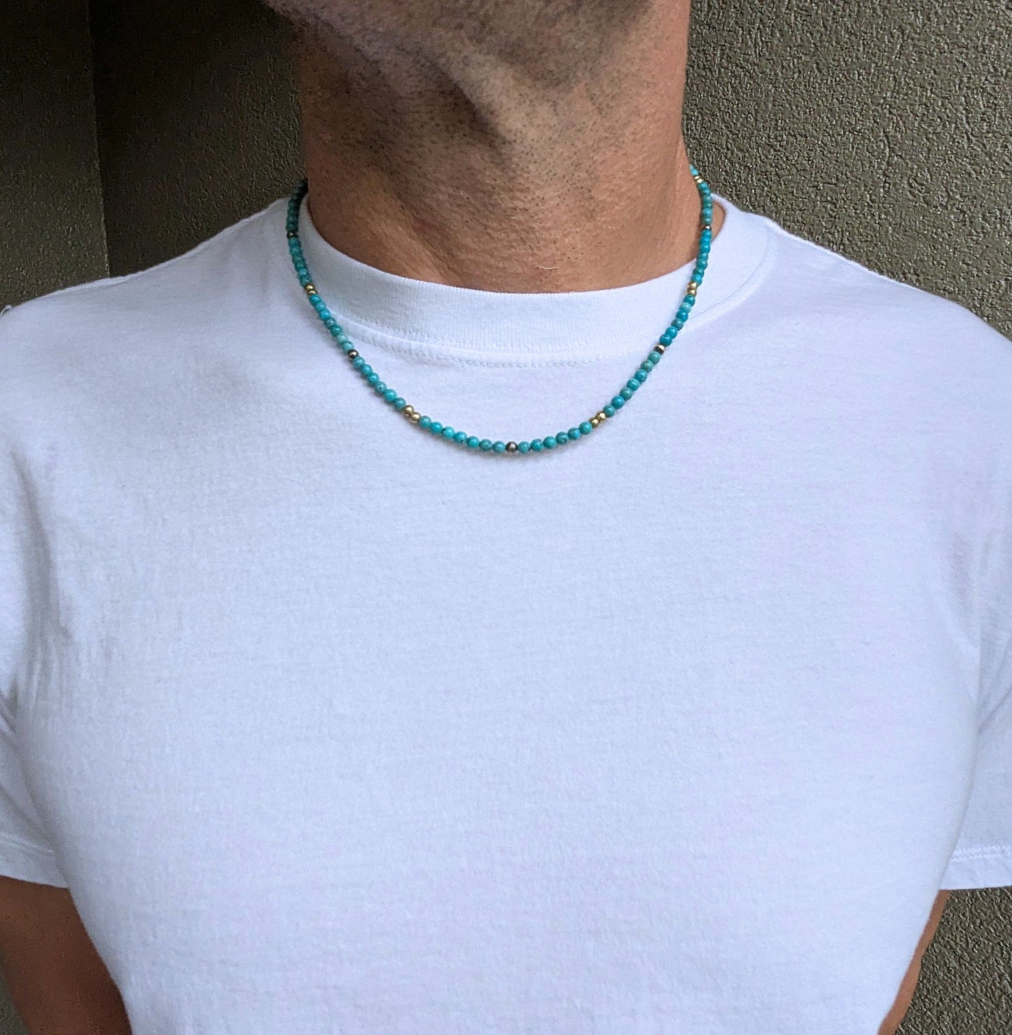 Men's Turquoise Beaded Necklace, 4mm Brass & Silver