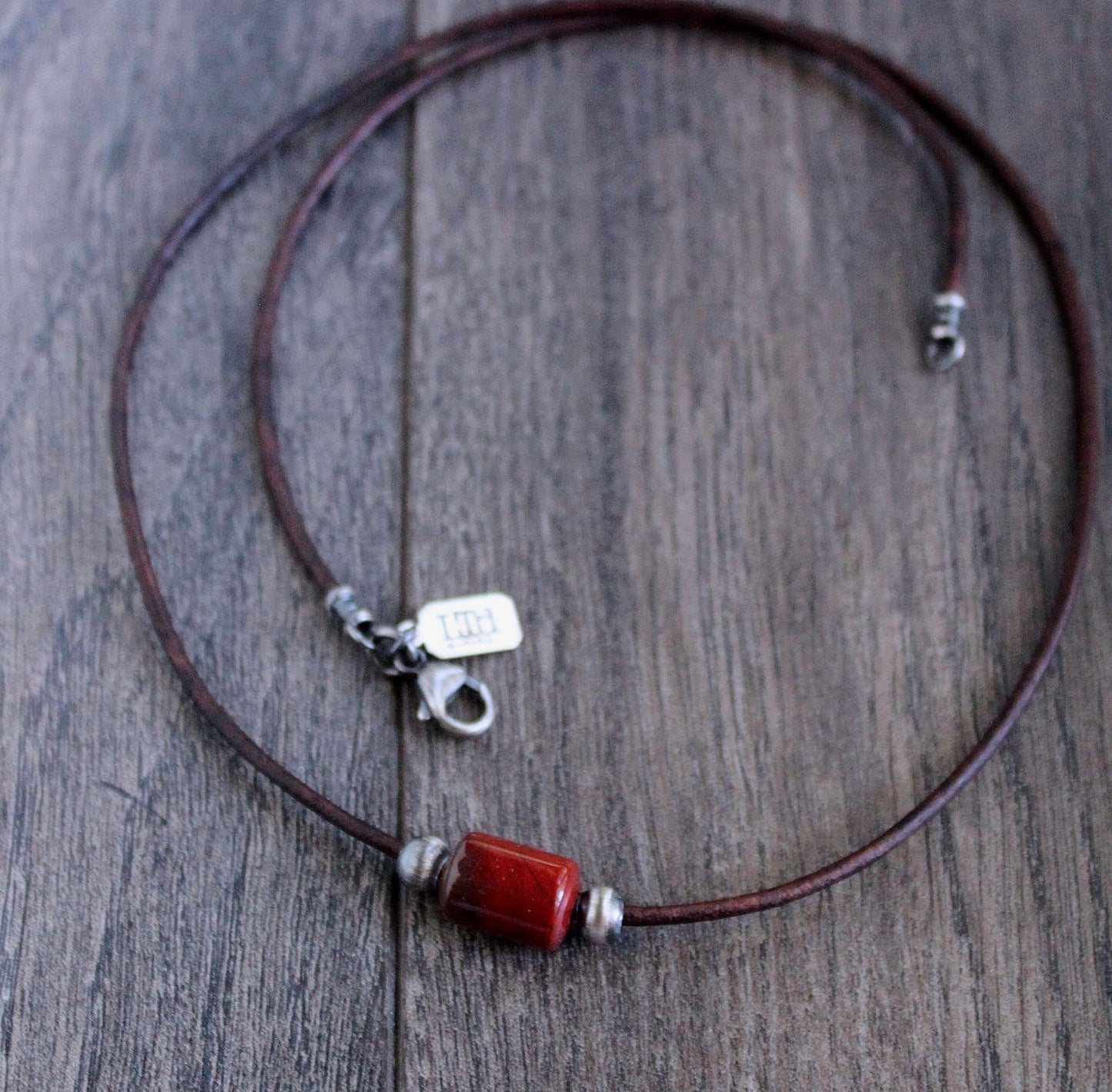 Red Jasper Barrel Bead Leather Cord Necklace