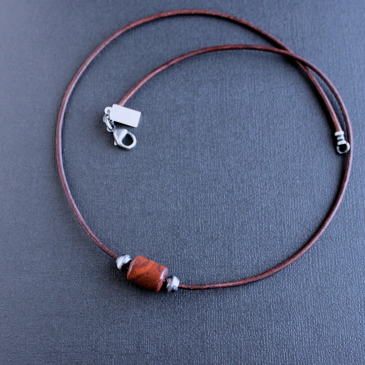men's rainbow jasper bead leather cord necklace