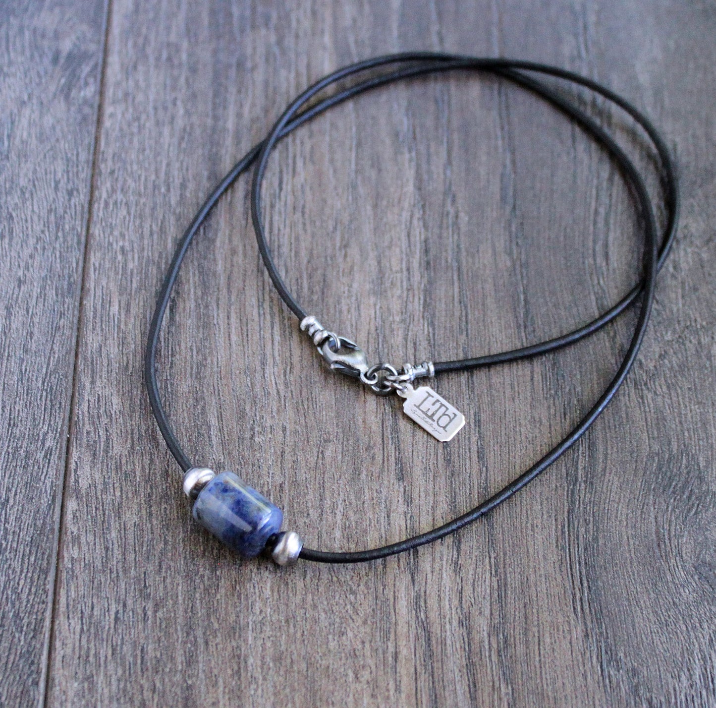 Blue Sodalite Barrel Bead Necklace, Black Leather Cord