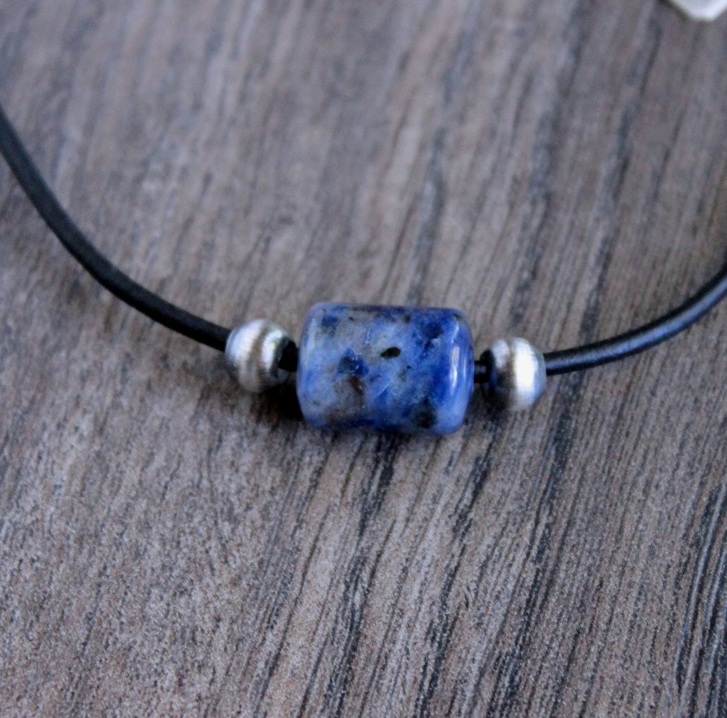 Blue Sodalite Barrel Bead Necklace, Black Leather Cord