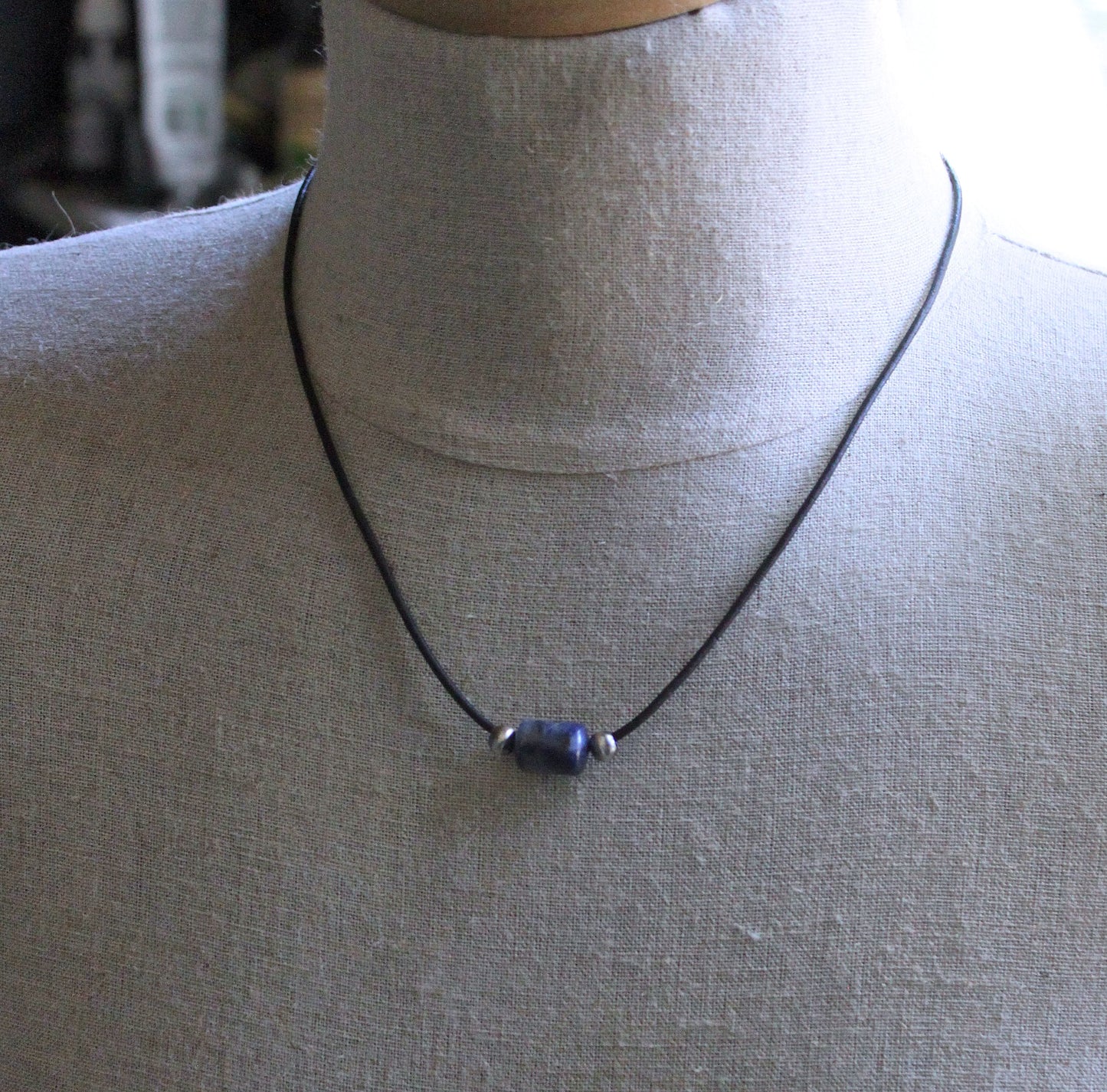 Blue Sodalite Barrel Bead Necklace, Black Leather Cord