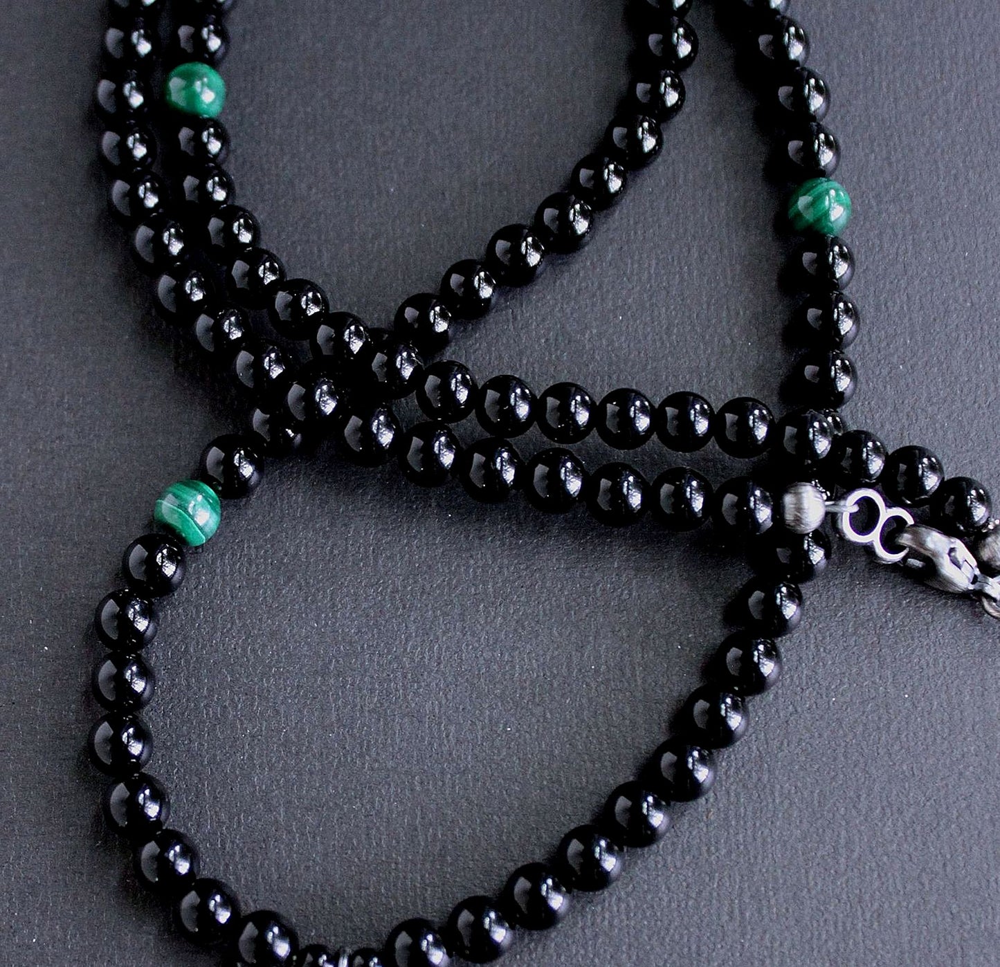 6mm polished black onyx and malachite bead necklace