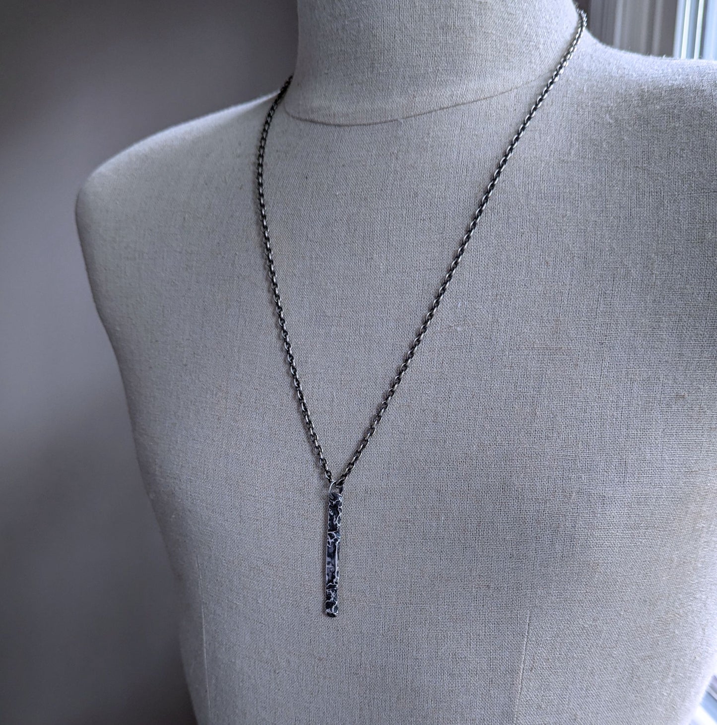 men's rustic sterling silver bar pendant on long chain