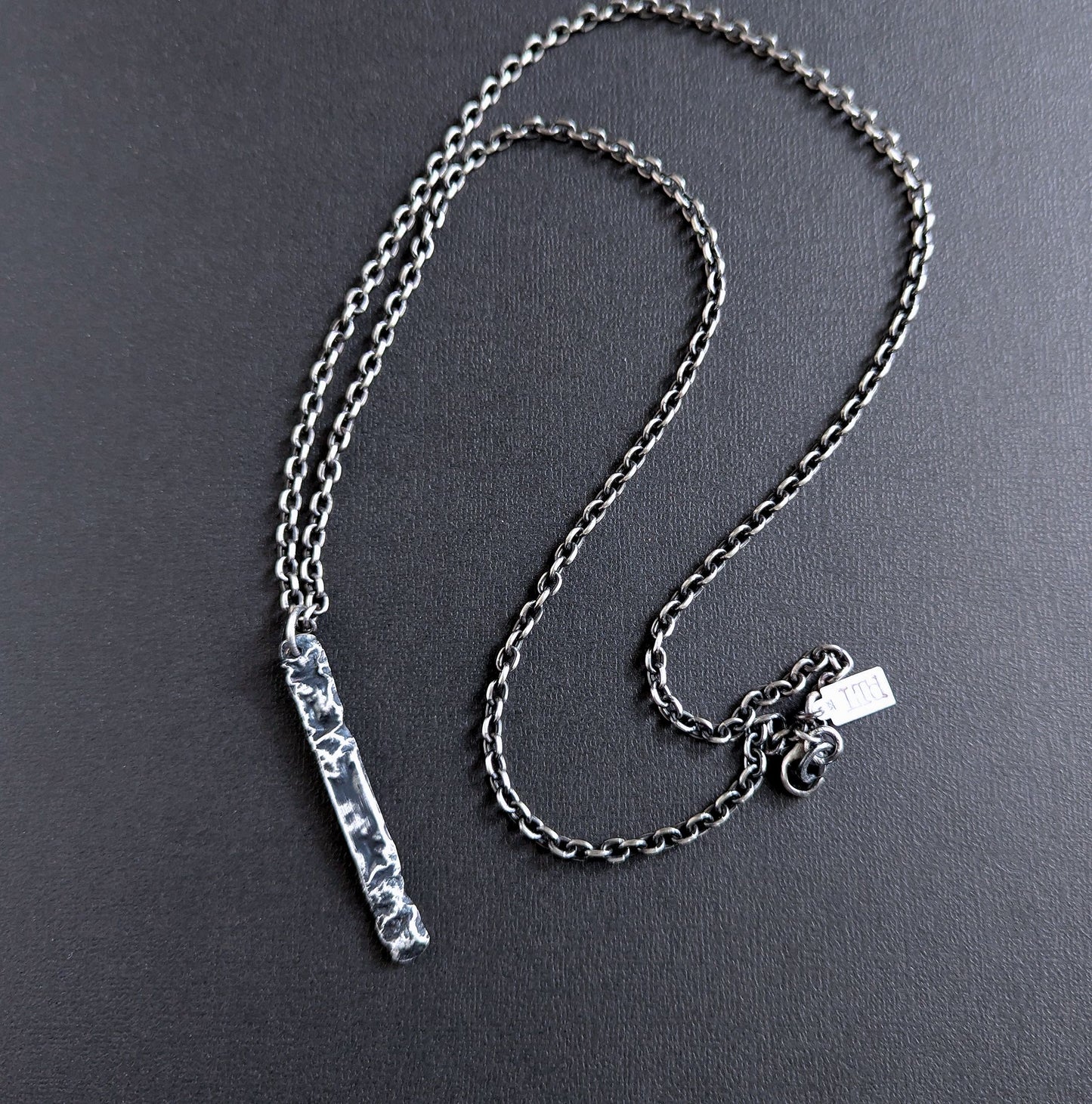 men's long rustic silver pendant on chain