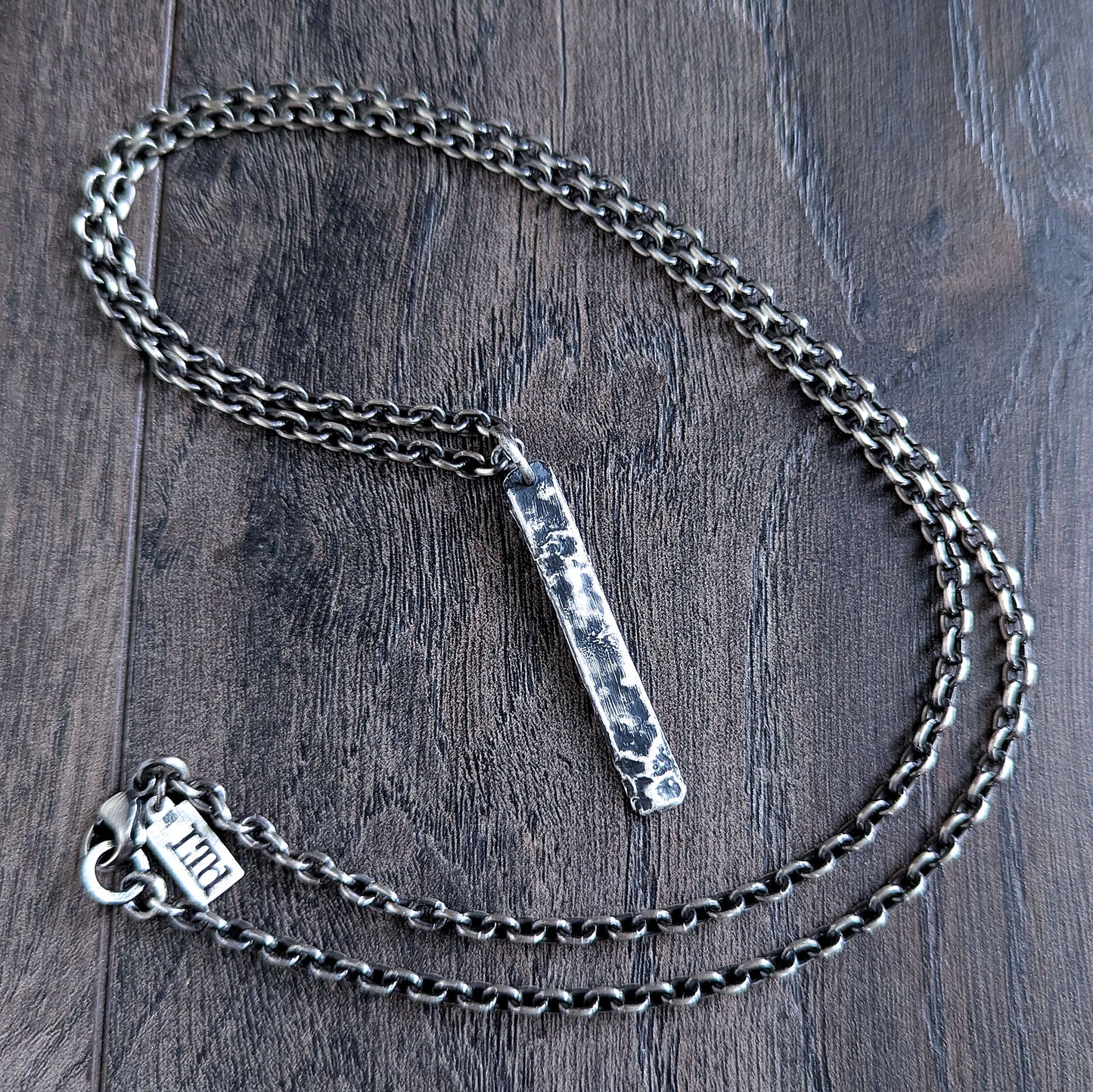 men's rustic sterling silver bar pendant on chain