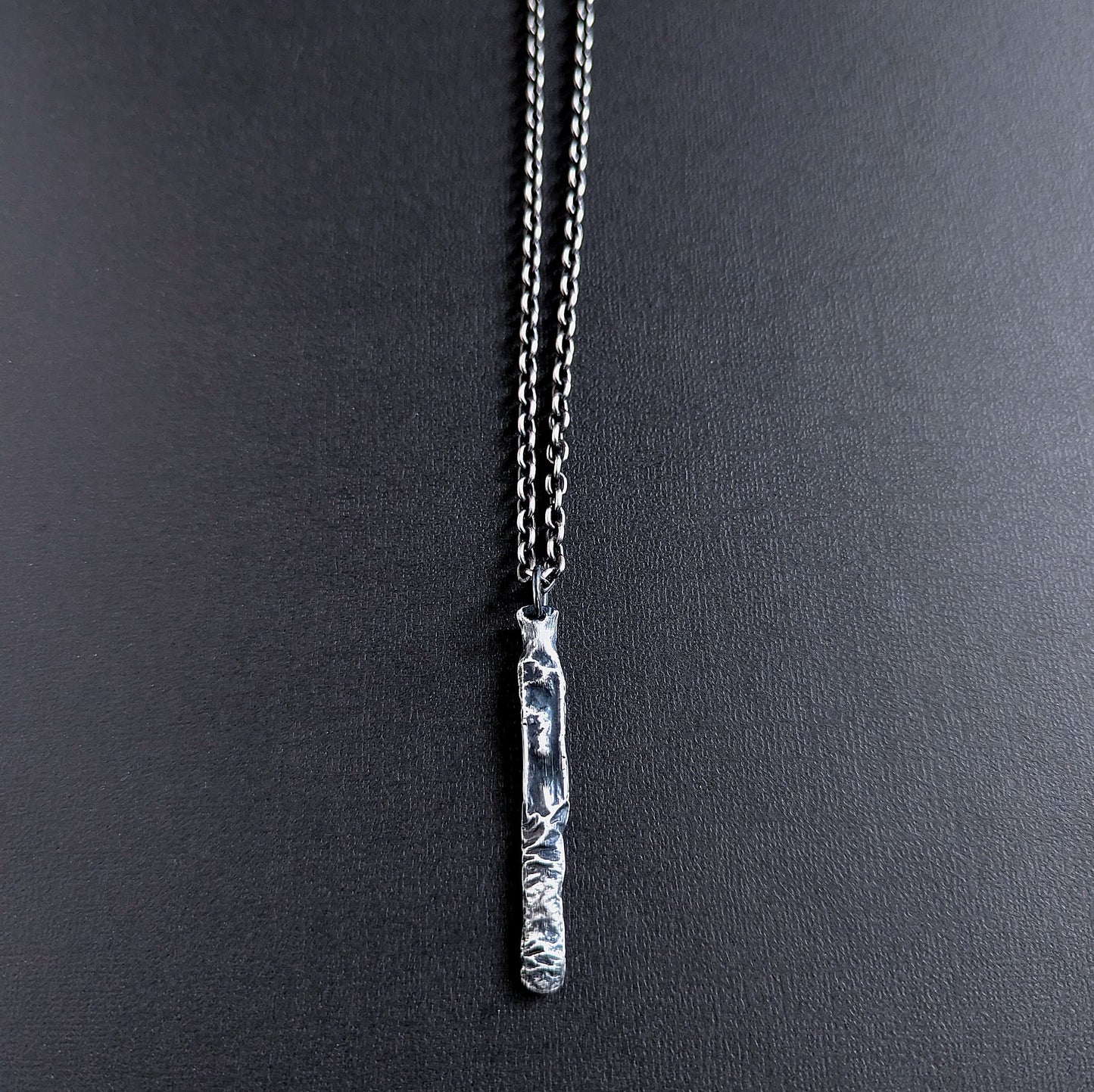 men's long rustic sterling silver bar pendant