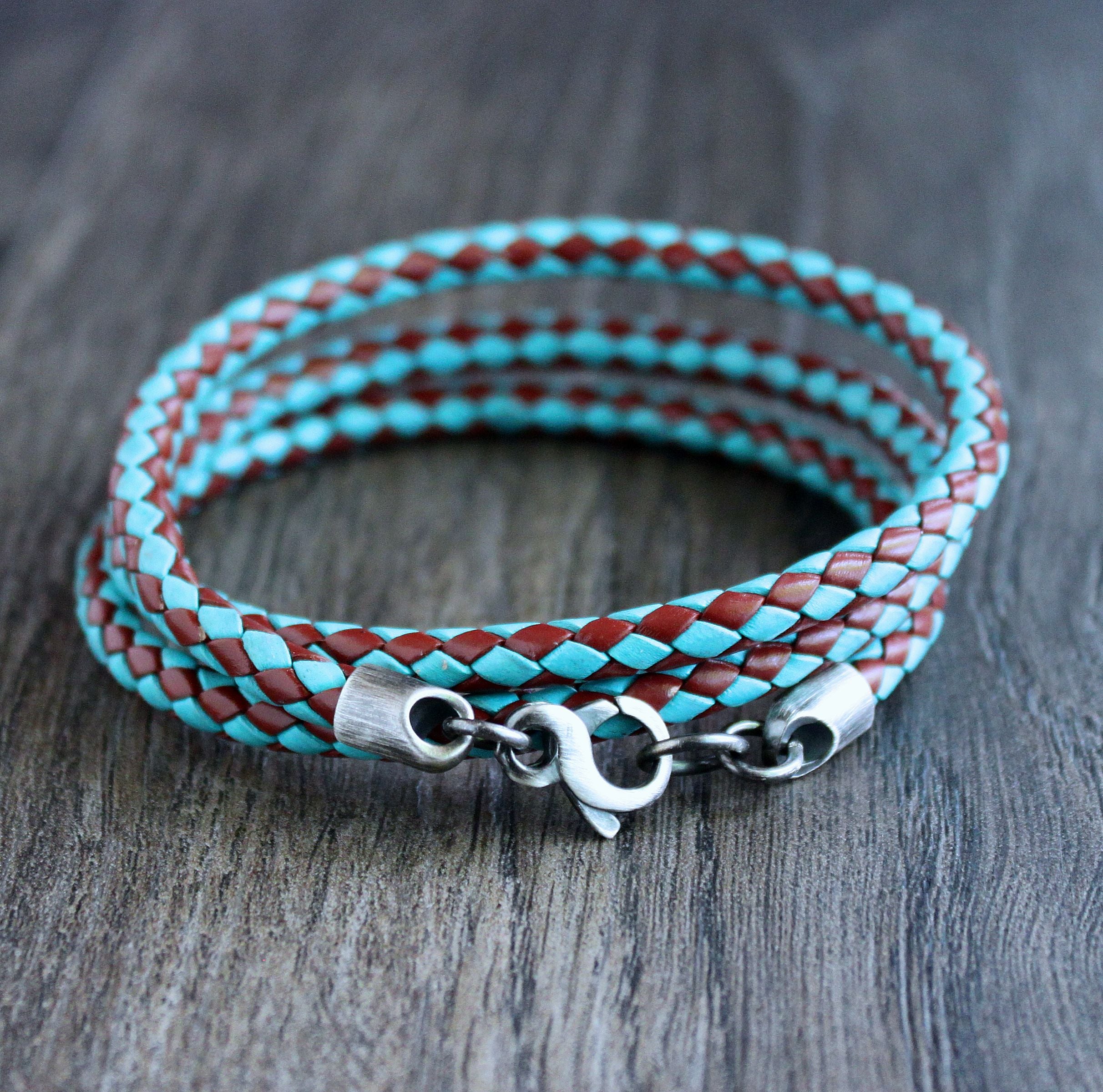 Men's Turquoise and Tan Leather Braid Wrap Bracelet, Silver Clasp