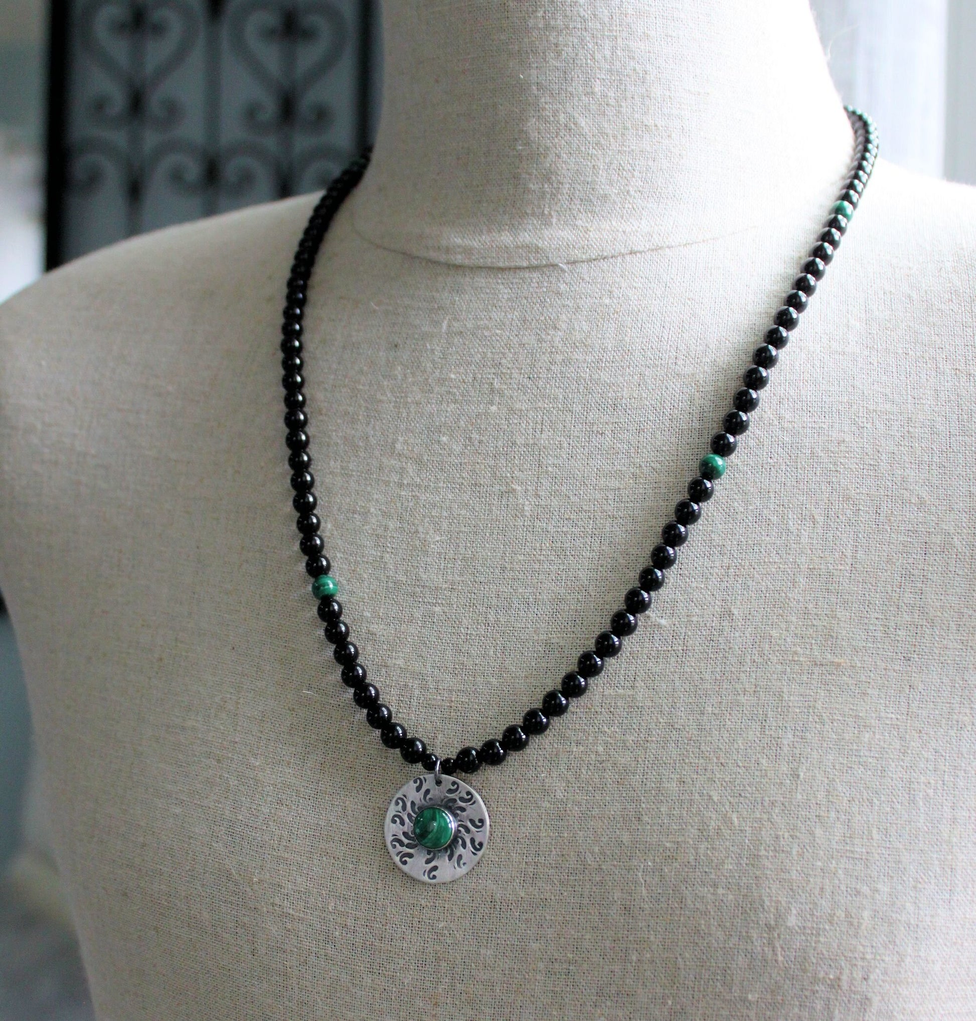 men's onyx malachite bead pendant necklace