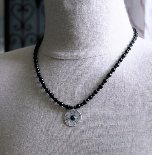 men's black onyx bead necklace, hand stamped silver pendant