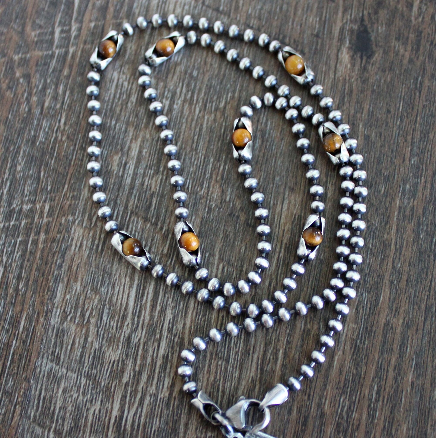 sterling silver ball chain necklace, Tiger's Eye beads