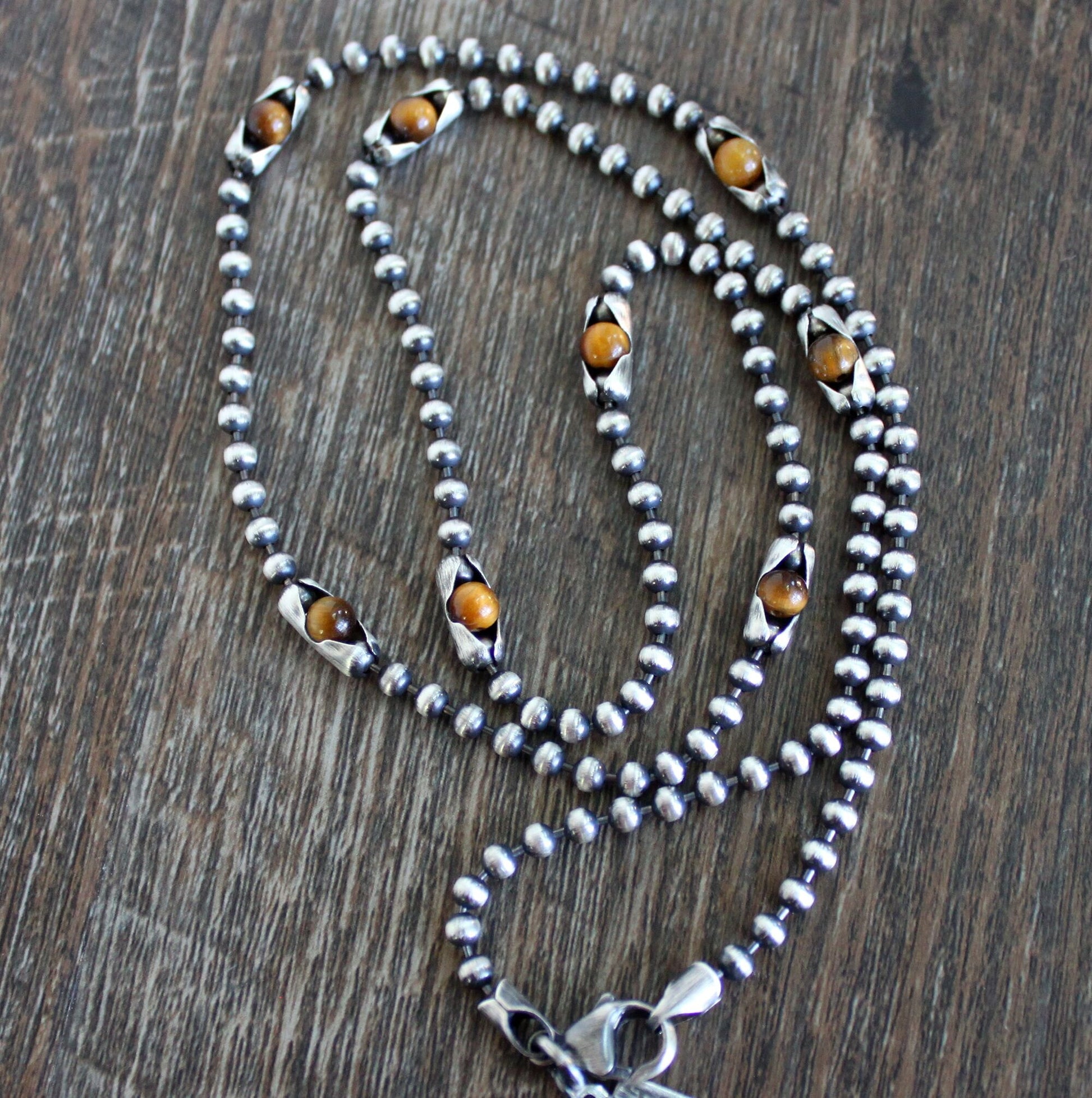 sterling silver ball chain necklace, Tiger's Eye beads