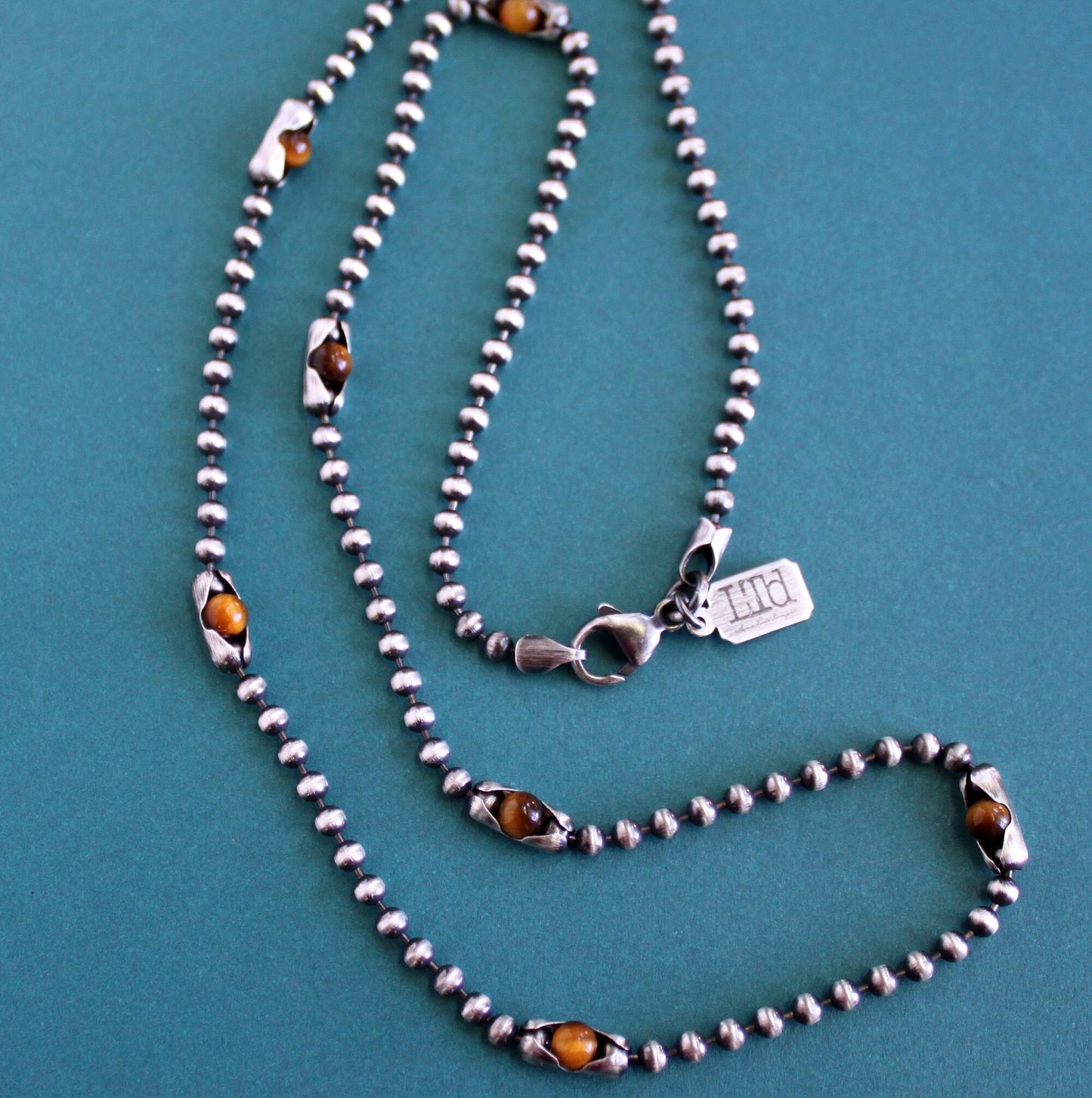 men's silver chain necklace, Tiger's Eye beads