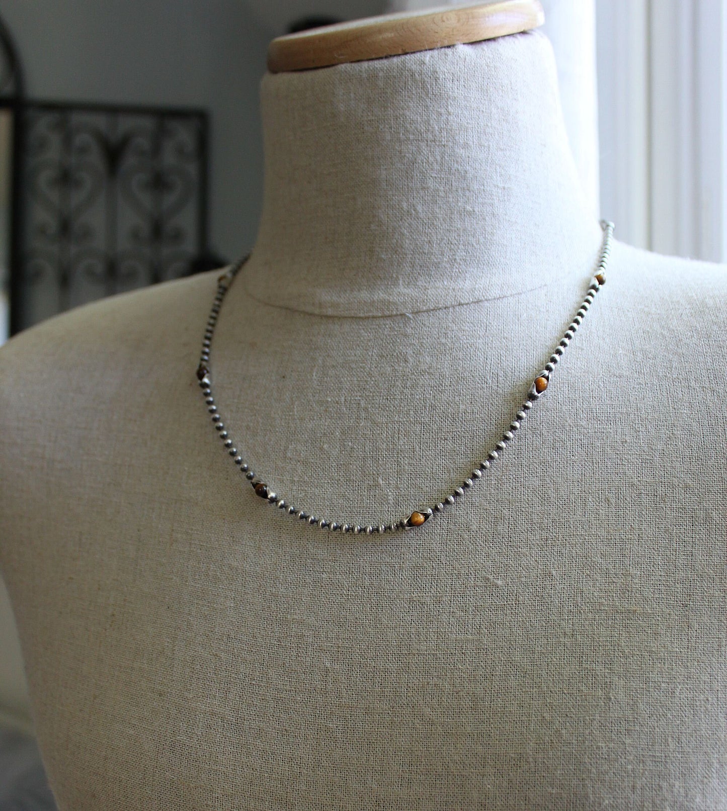 men's Tiger's Eye silver ball chain necklace