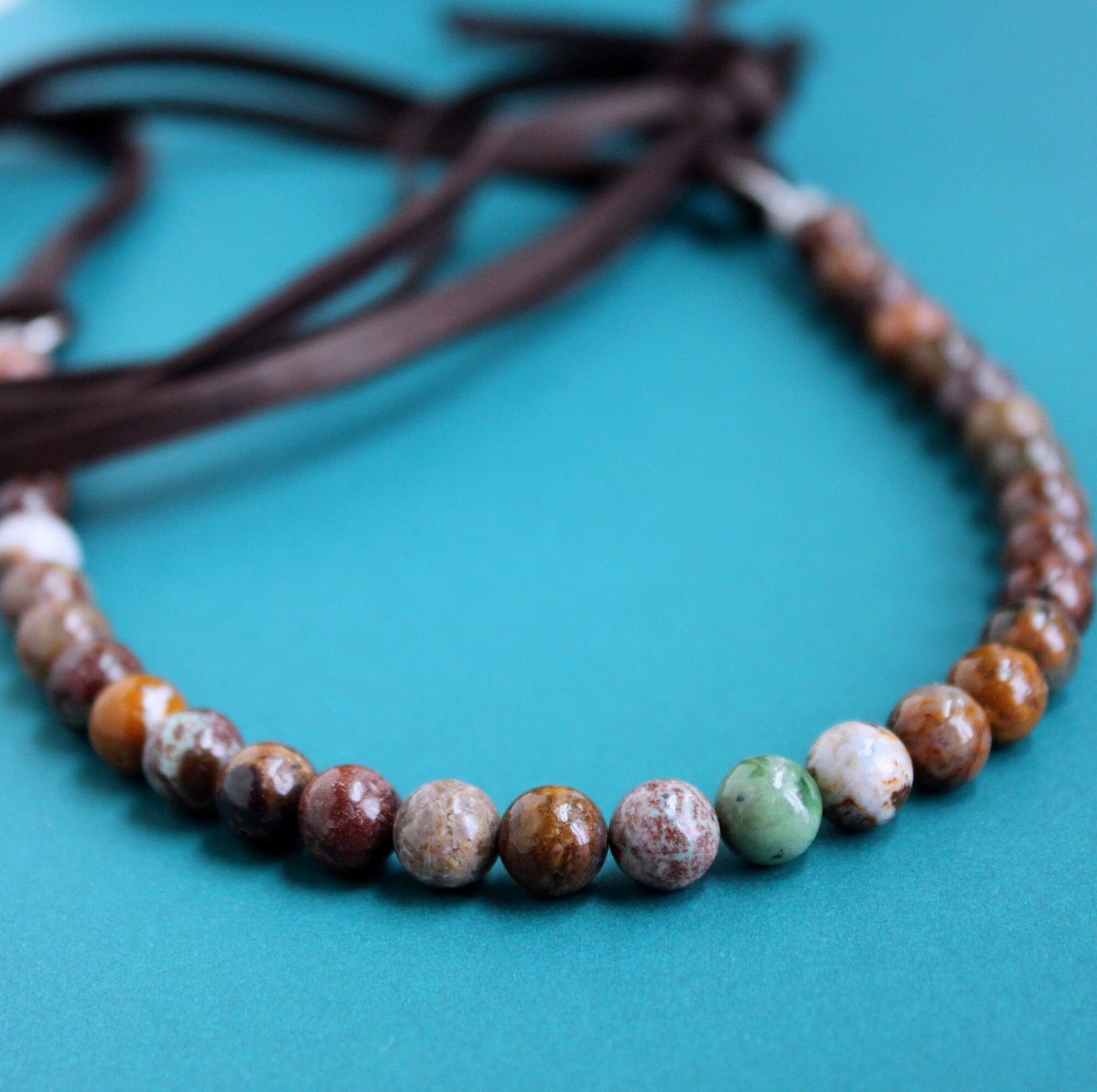 African Opal Beads, Long Leather Necklace