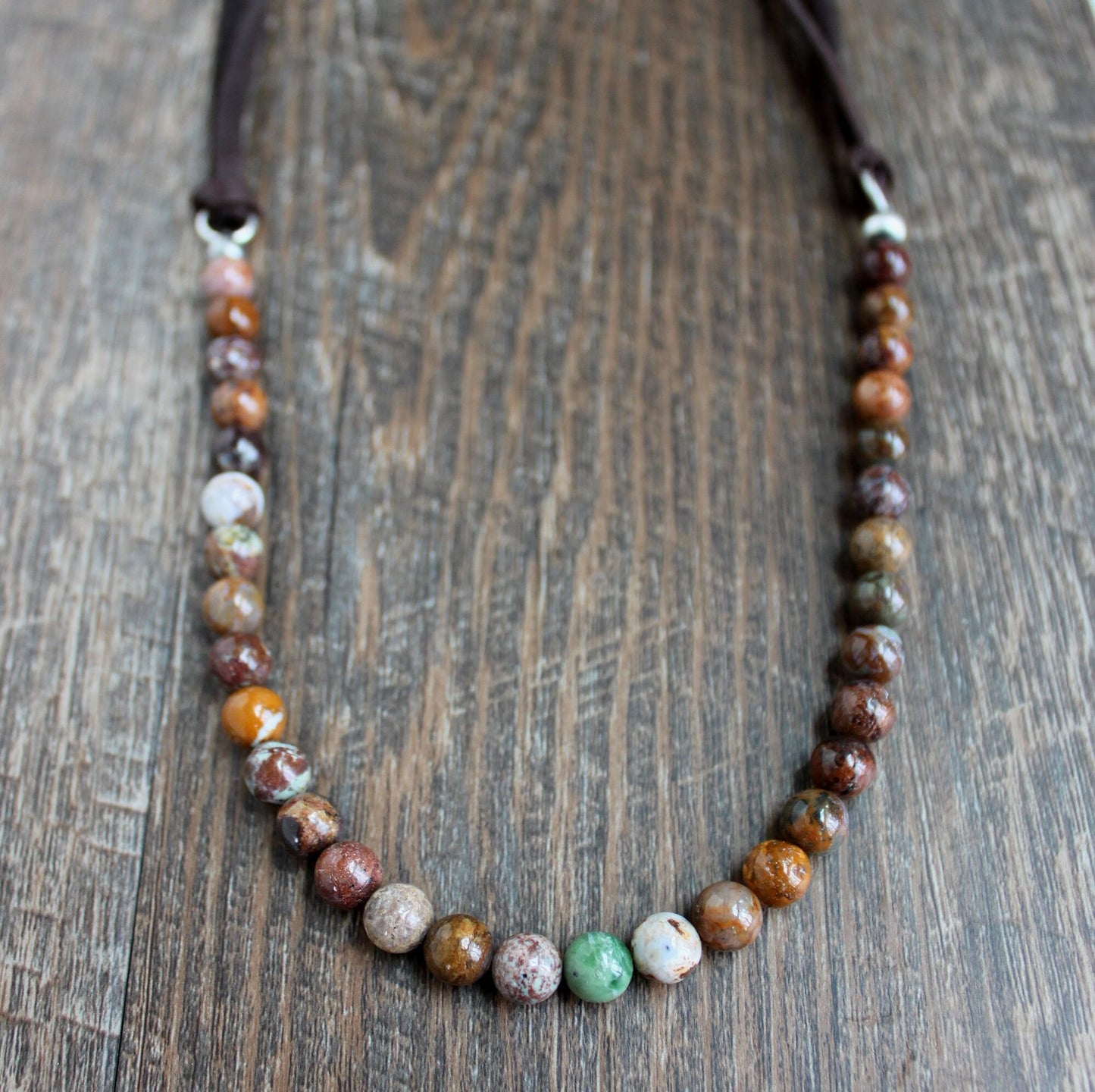 African Opal Beads, Long Leather Necklace