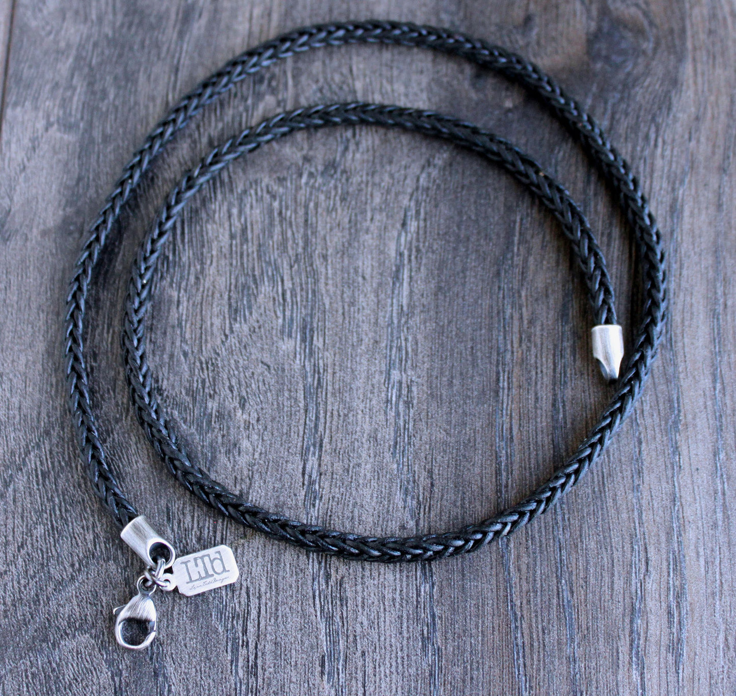 men's black leather braid necklace