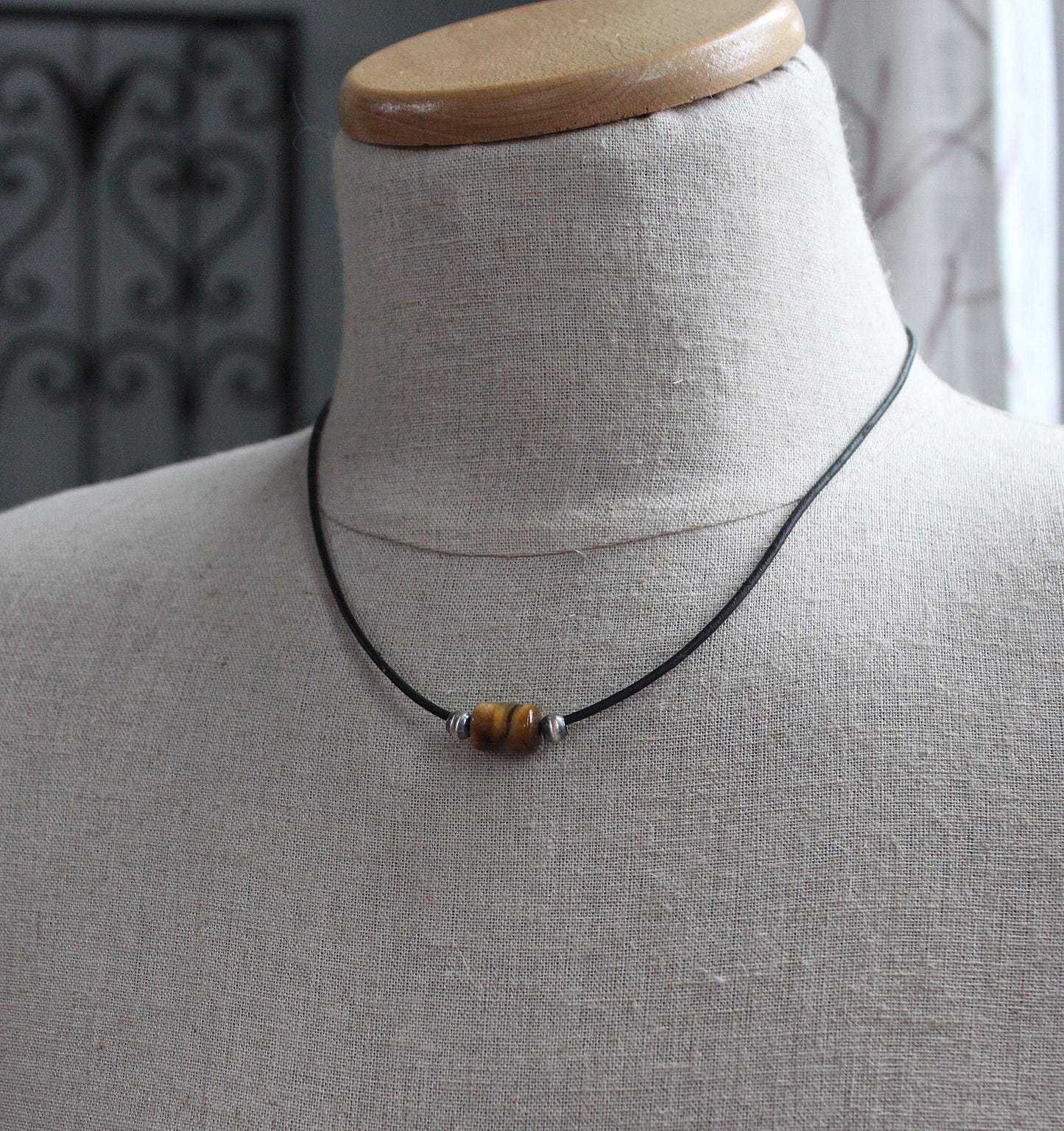 men's leather cord necklace, Tiger Eye bead