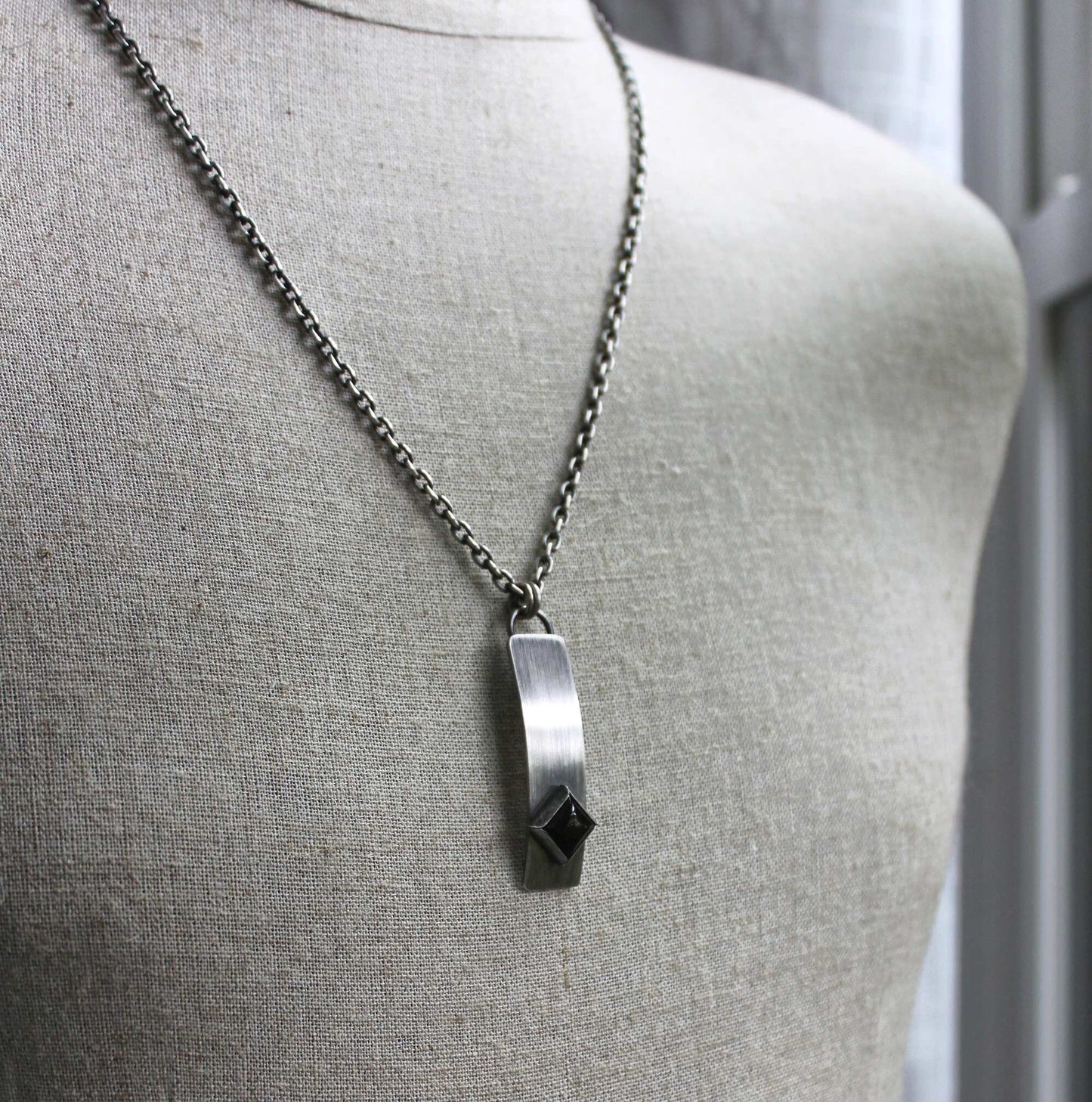 Onyx Stone Long Silver Pendant