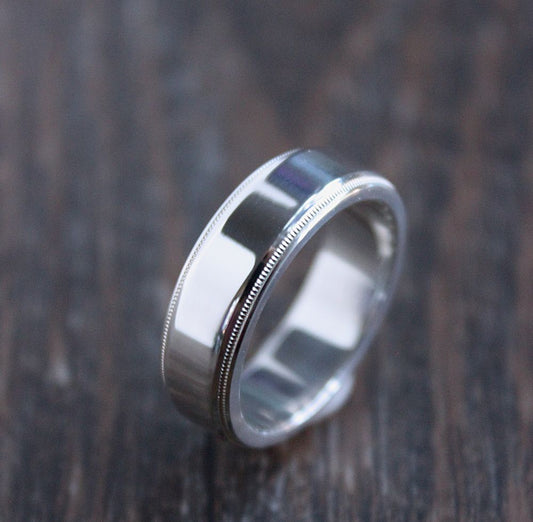 men's polished silver milgrain band ring