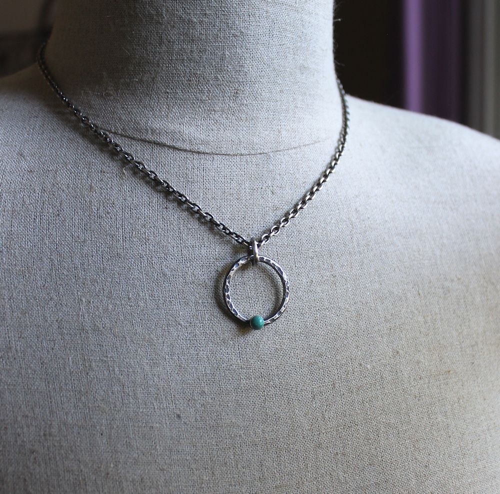 hammered hoop pendant with turquoise stone
