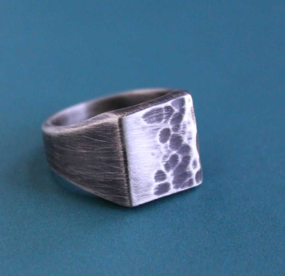 Men's Silver Square Signet Ring, Rustic Hammered
