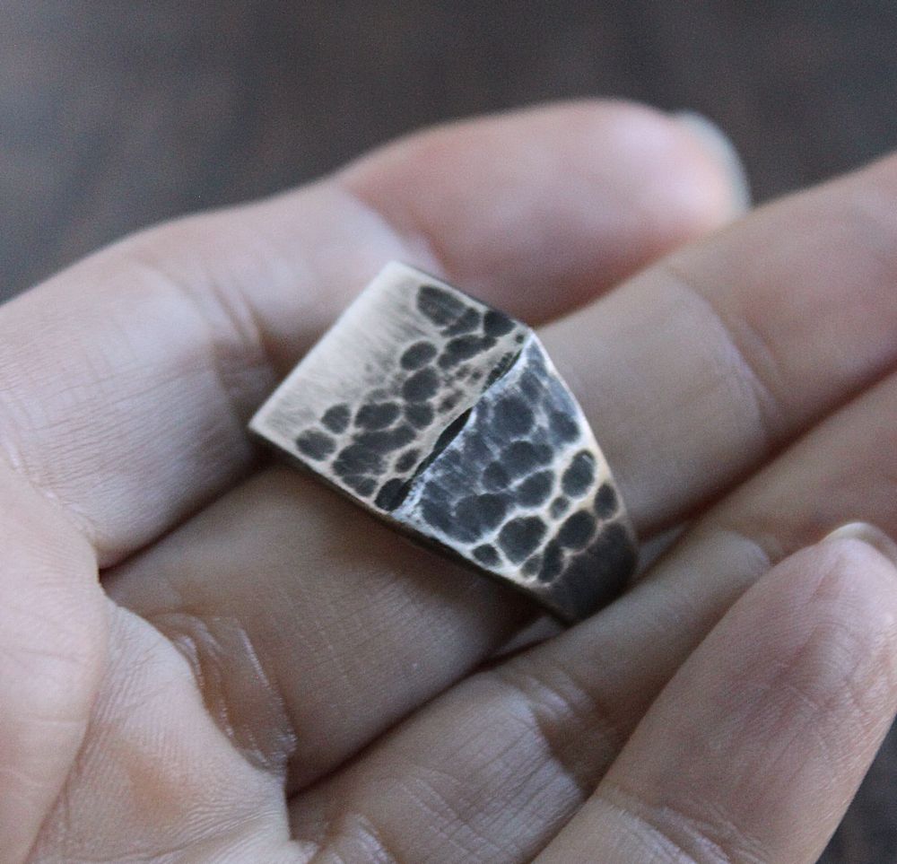 Men's Silver Square Signet Ring, Rustic Hammered
