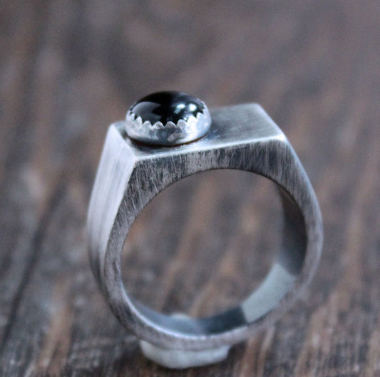 Black Onyx Stone Signet Ring, Heavy Sterling Silver, Size 10