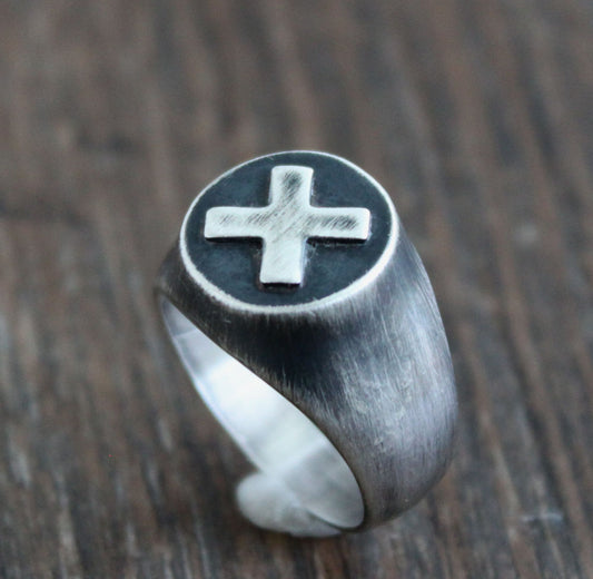 X Signet Ring, Round Sterling Silver, Size 9