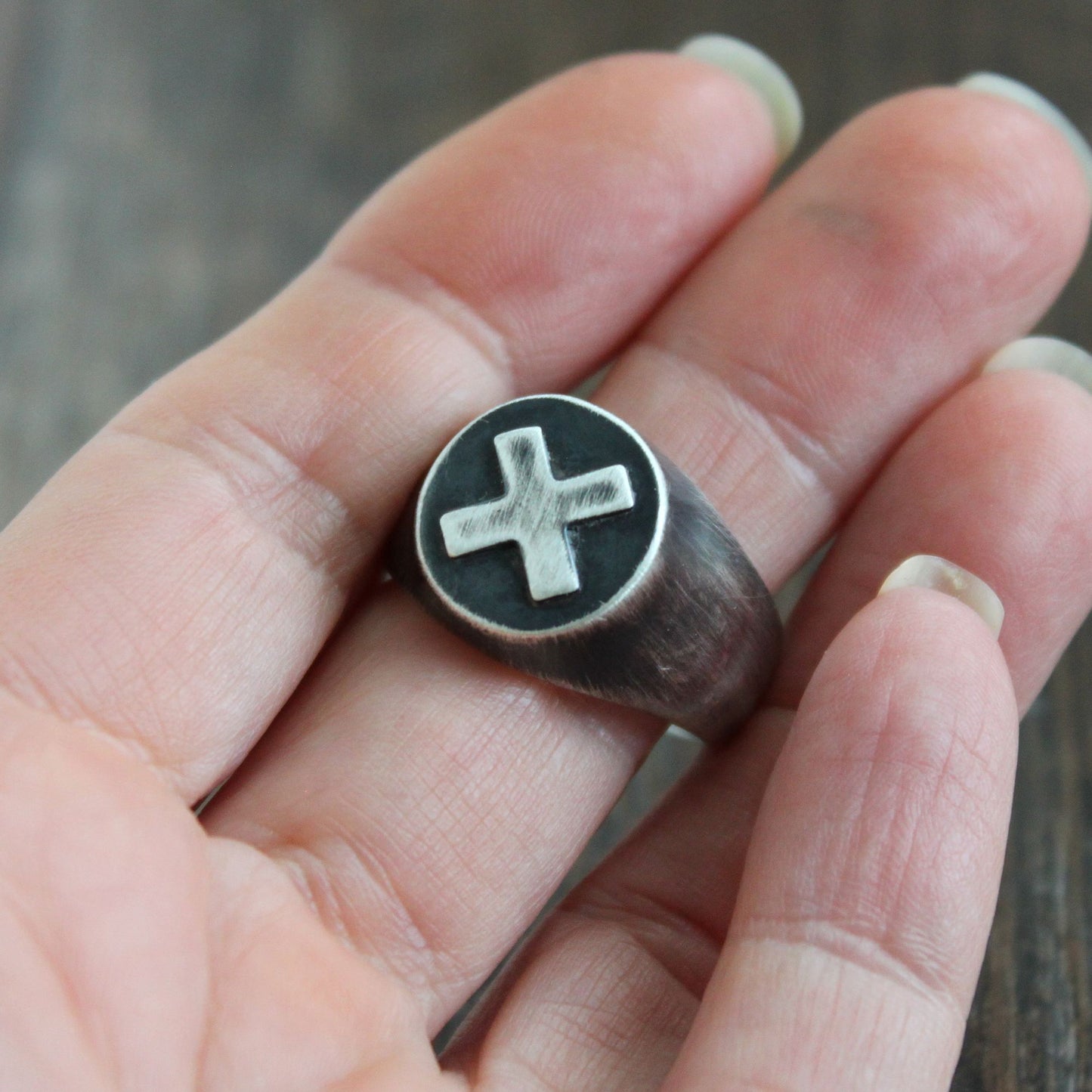 X Signet Ring, Round Sterling Silver, Size 9