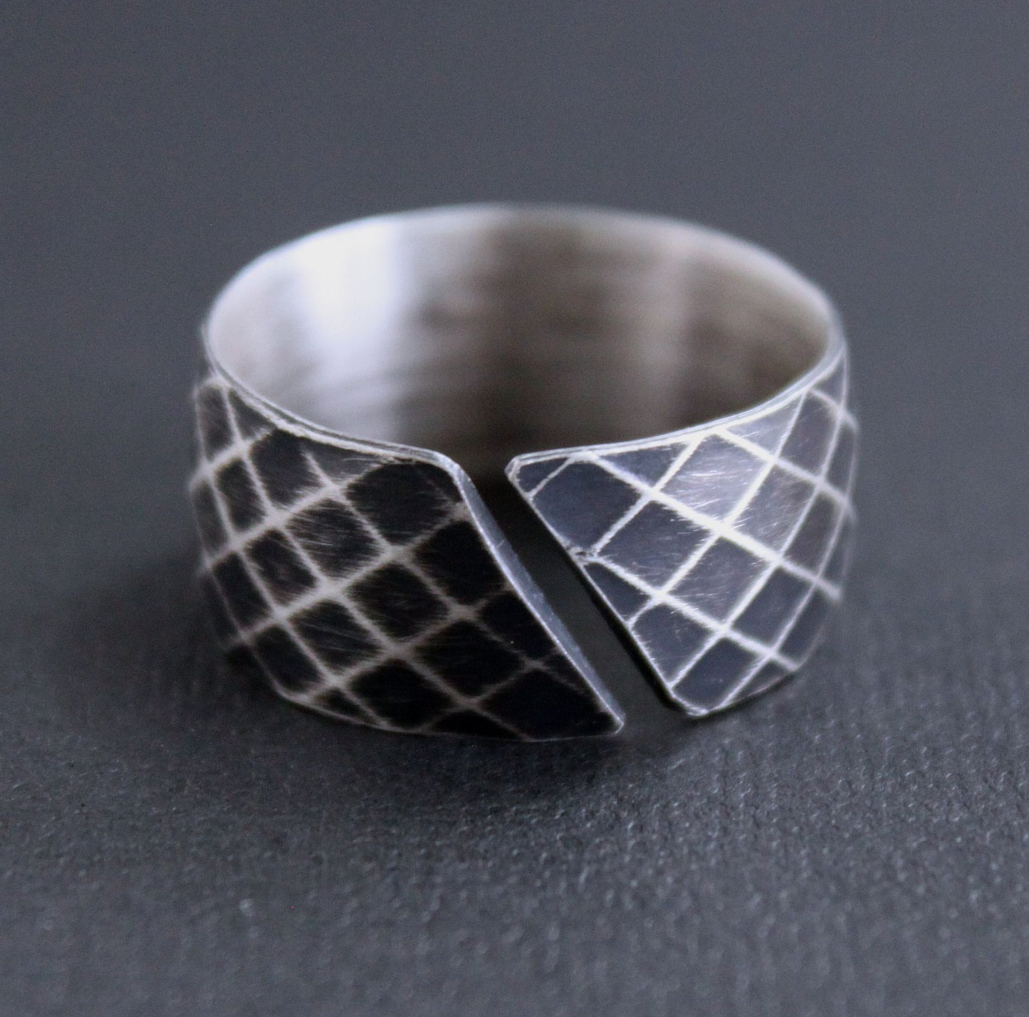 Diamond Pattern Ring, Open Oxidized Silver Band, Size 12