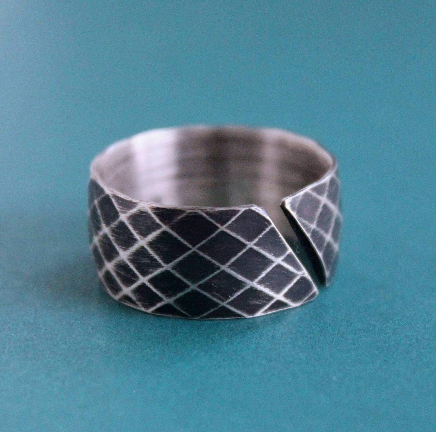 Diamond Pattern Ring, Open Oxidized Silver Band, Size 12