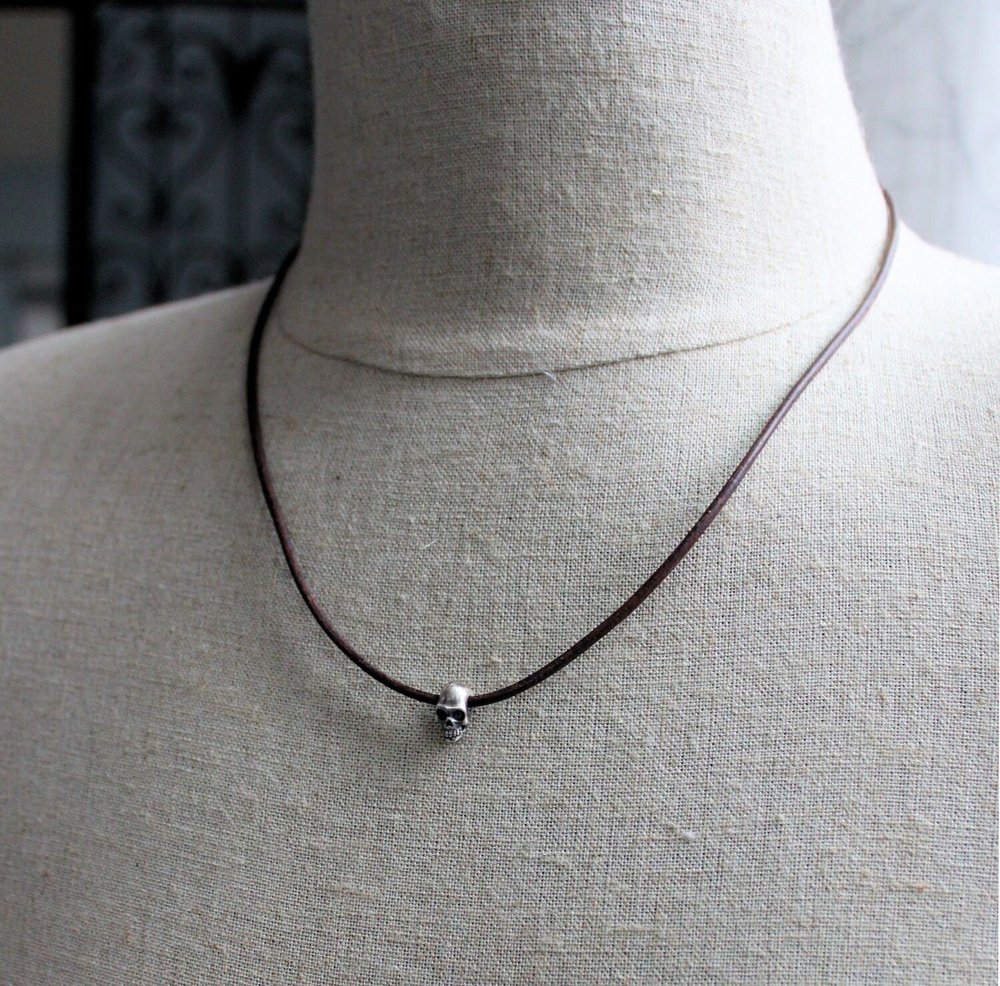 men's leather choker with skull bead