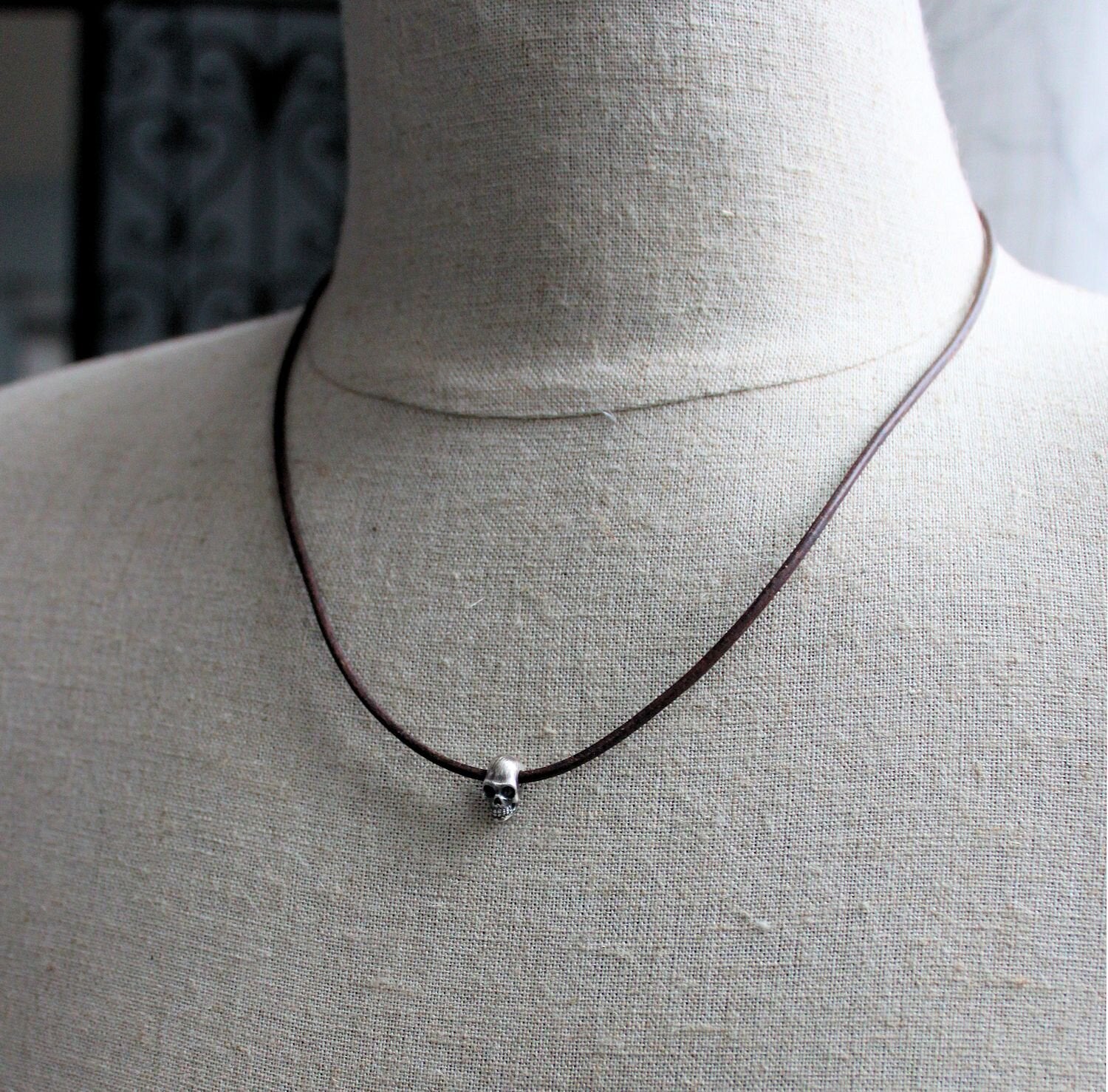 men's leather choker with skull bead