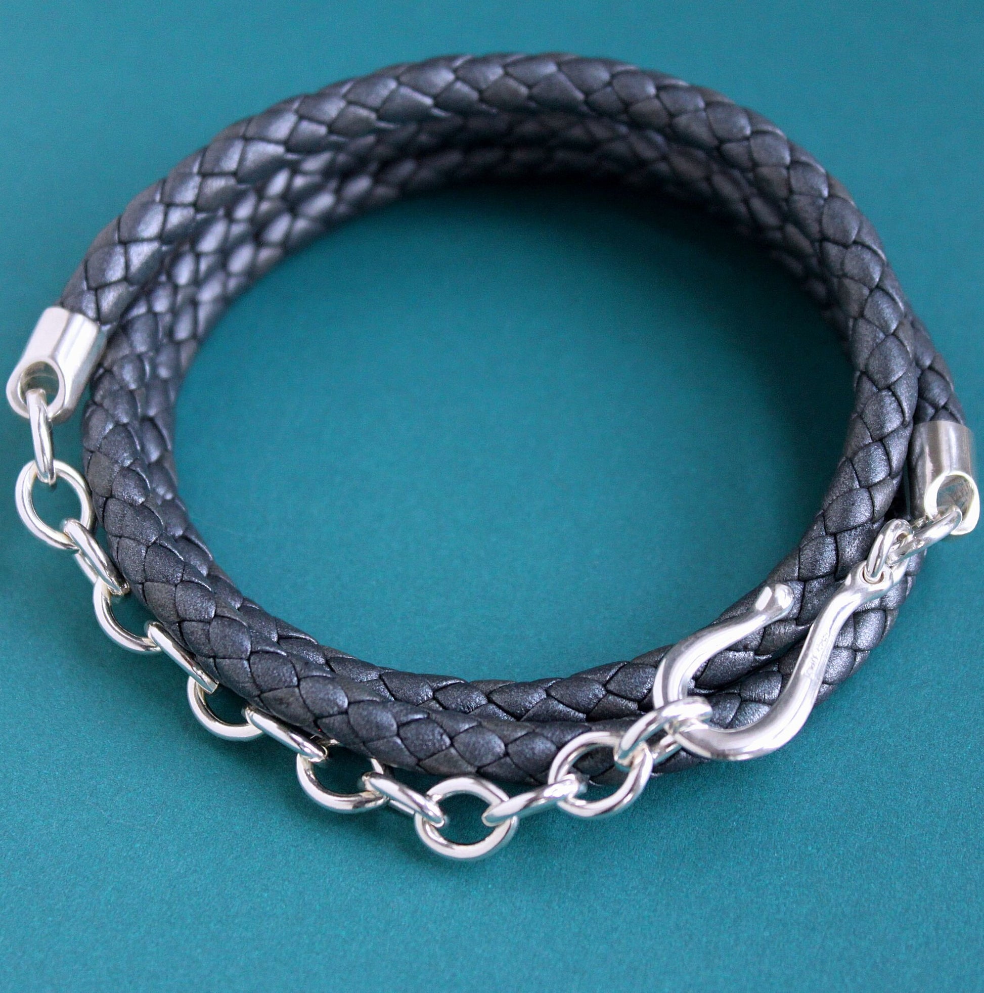 men's leather silver chain wrap bracelet