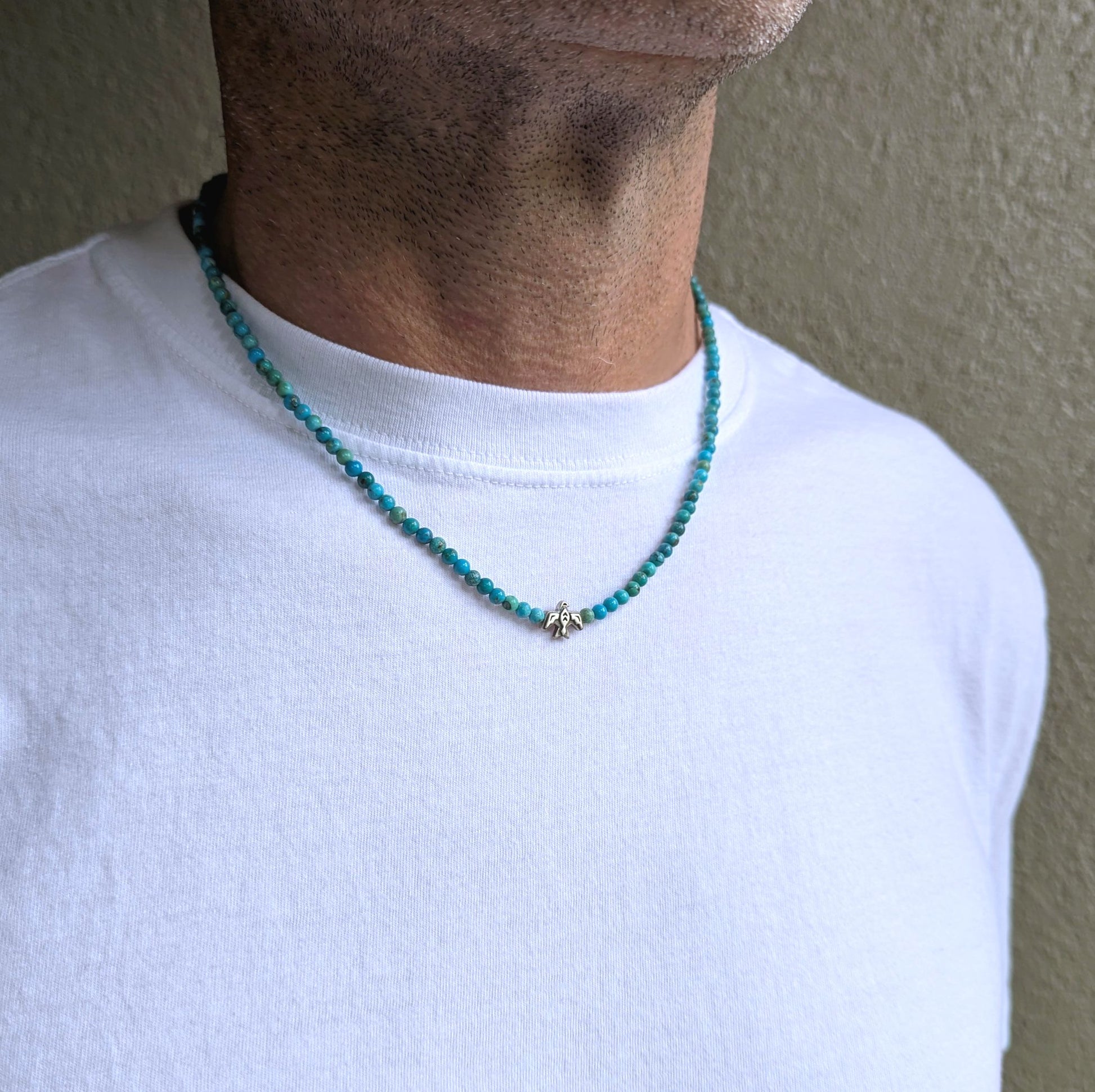 men's turquoise bead necklace with sterling silver thunderbird 